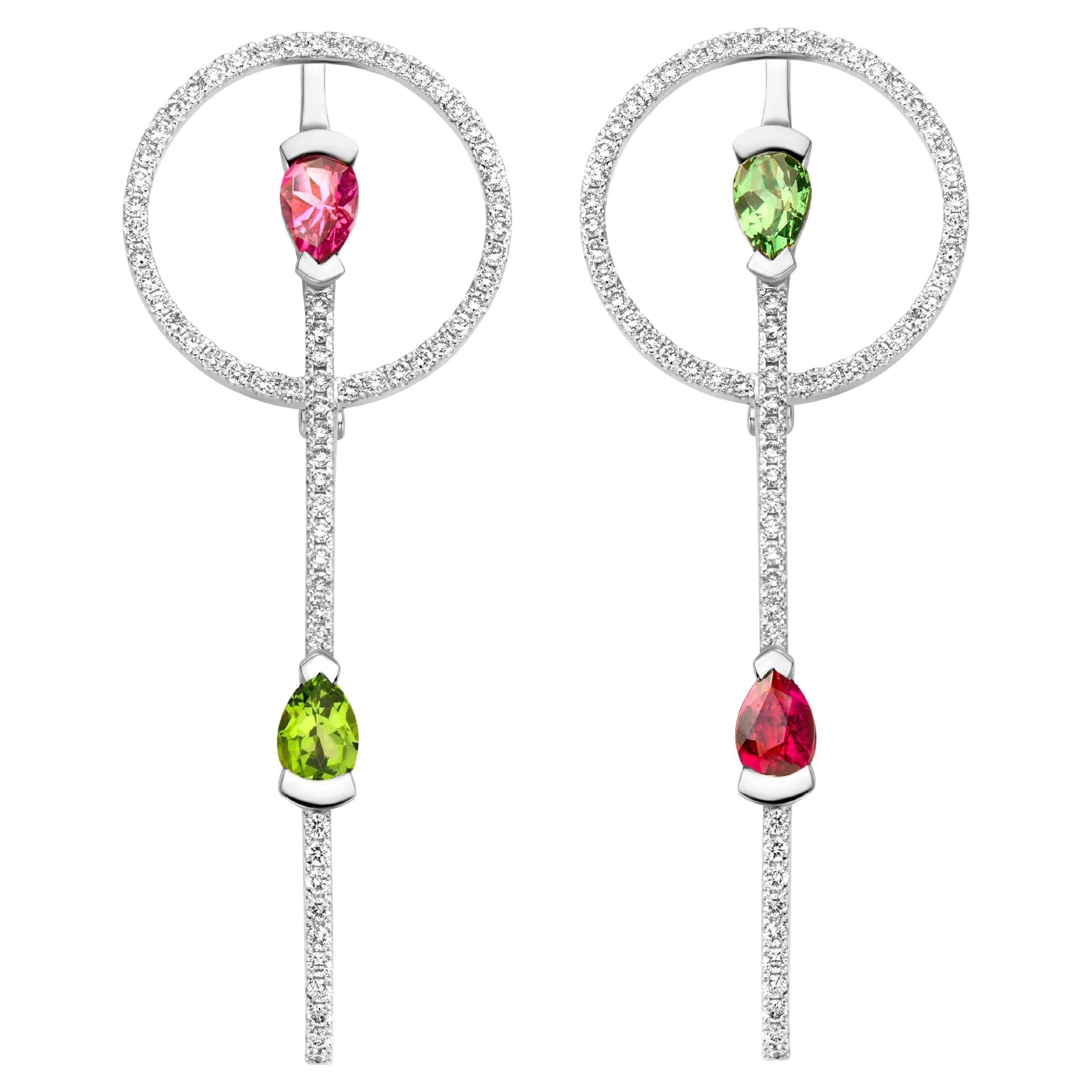 Tourmaline Rubellite Diamond White Gold Round Earrings For Sale