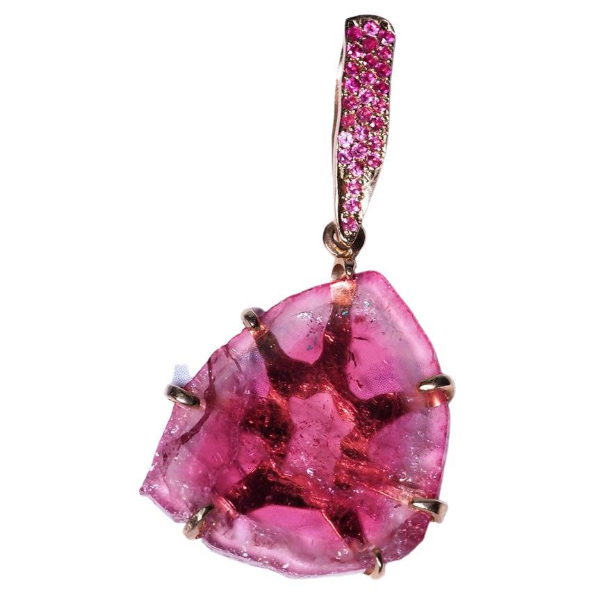 Tourmaline Rubellite Slice Crystal Sapphires Gold Pendant Pink Unisex Necklace For Sale