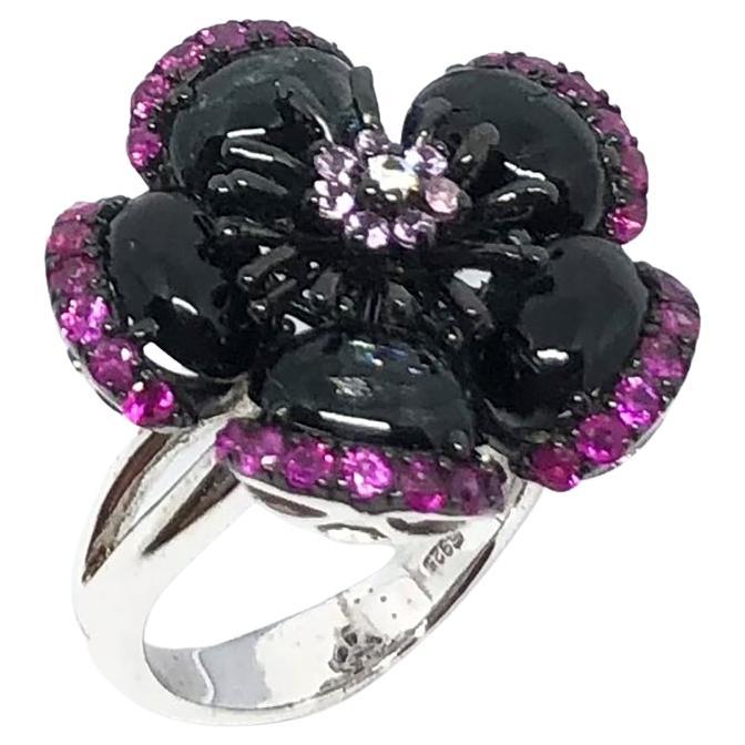Ring mit Turmalin, Rubin und rosa Saphir in Silberfassung im Angebot