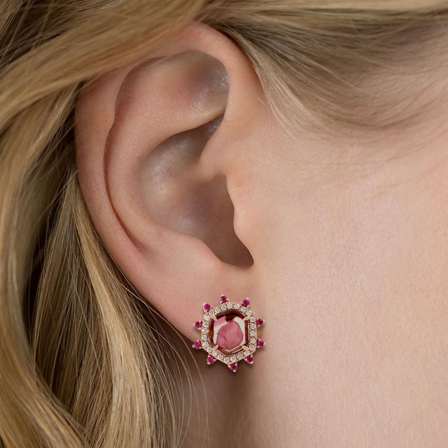 Mixed Cut Tourmaline Ruby Diamond 18 Karat Gold Stud Earrings For Sale