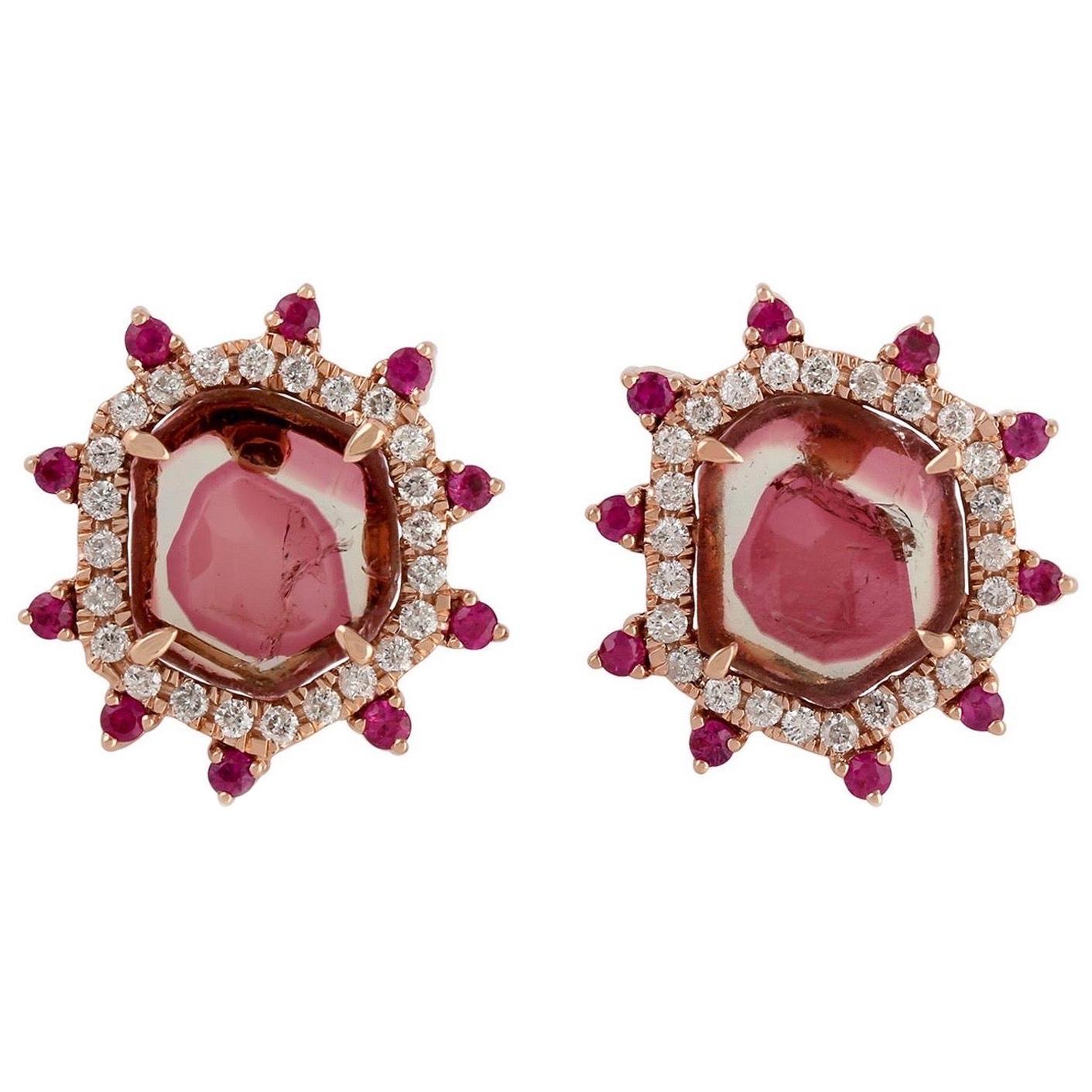 Tourmaline Ruby Diamond 18 Karat Gold Stud Earrings