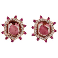 Tourmaline Ruby Diamond 18 Karat Gold Stud Earrings