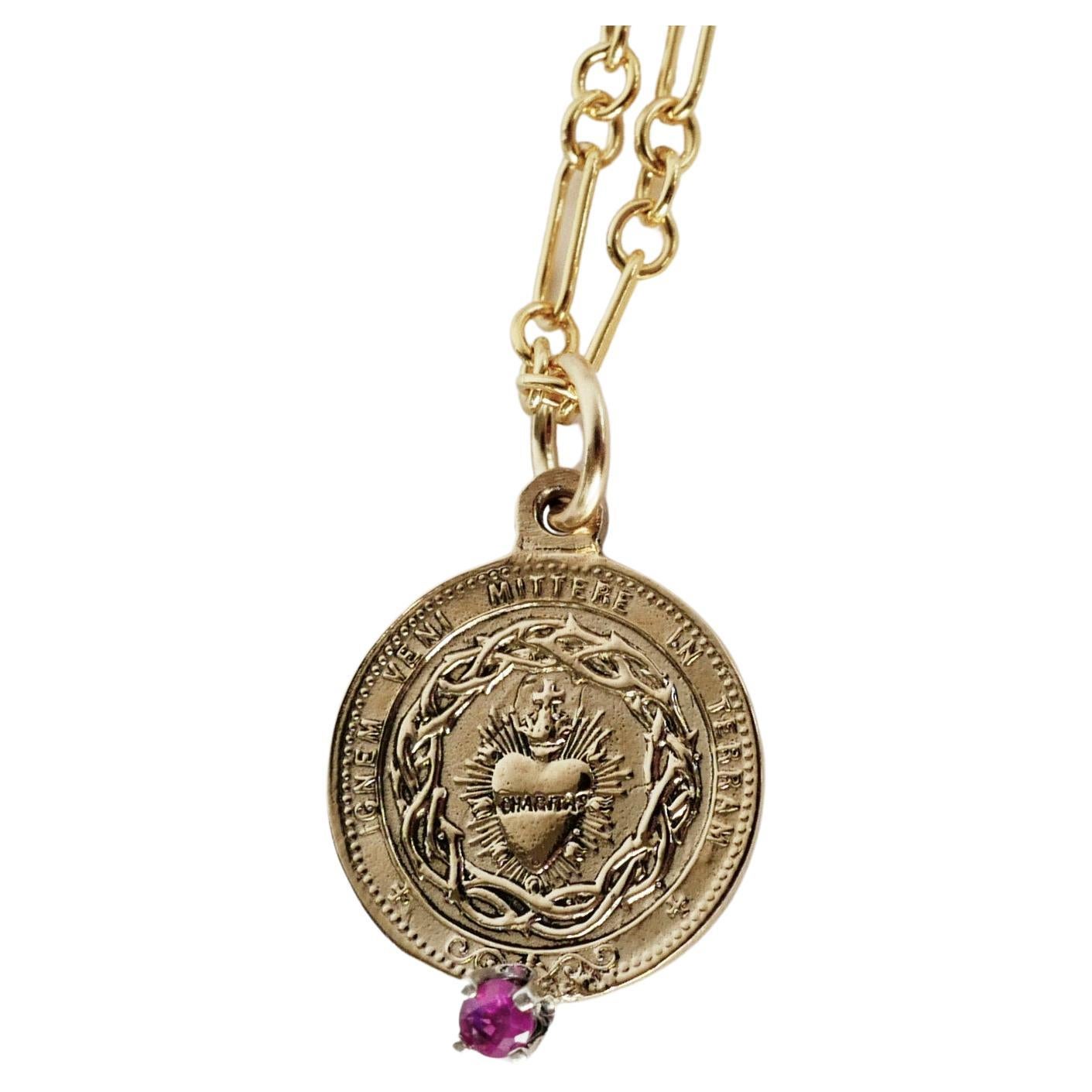 Red Tourmaline Sacred Heart Coin Medal Pendant Gold Filled Chain Gold Vermeil Pendant Necklace
22