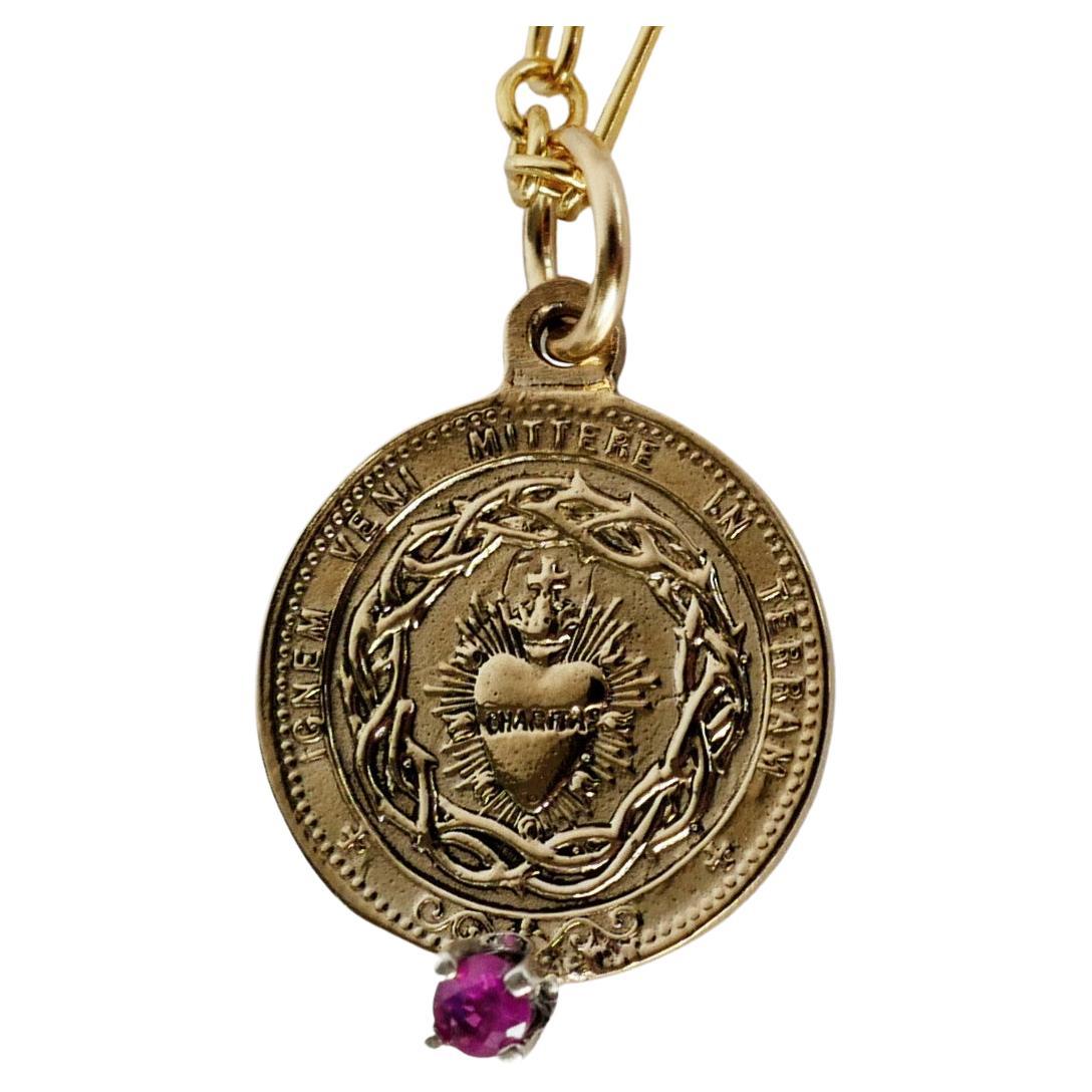 Victorian Tourmaline Sacred Heart Medal Pendant Chain Necklace Gold Vermeil J Dauphin For Sale
