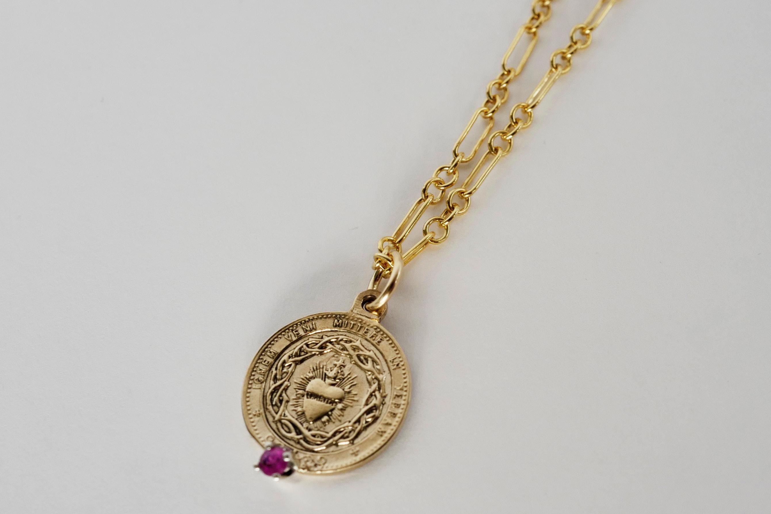 Women's Tourmaline Sacred Heart Medal Pendant Chain Necklace Gold Vermeil J Dauphin For Sale