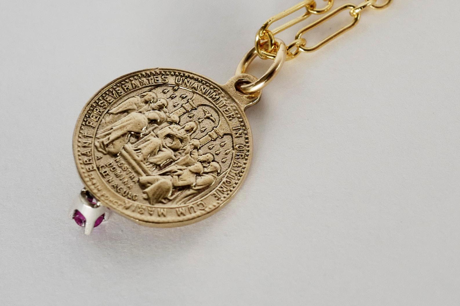 Turmalin-Halskette mit Heiligem Herz-Medaille-Anhänger, Gold Vermeil J Dauphin im Angebot 1