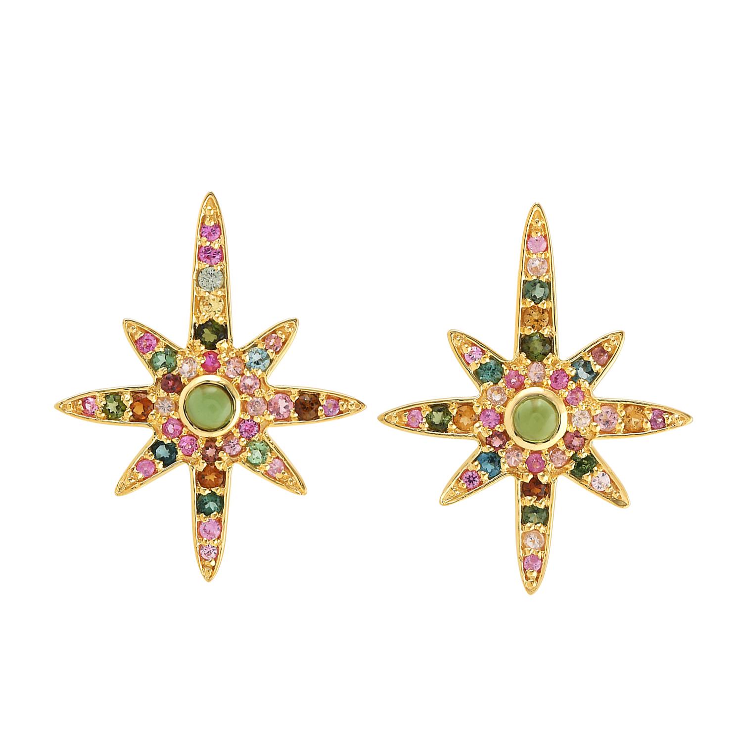 Contemporary Tourmaline Sapphire 18 Karat Gold Diamond Star Stud Earrings For Sale