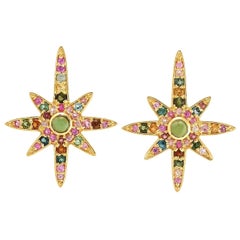 Tourmaline Sapphire 18 Karat Gold Diamond Star Stud Earrings