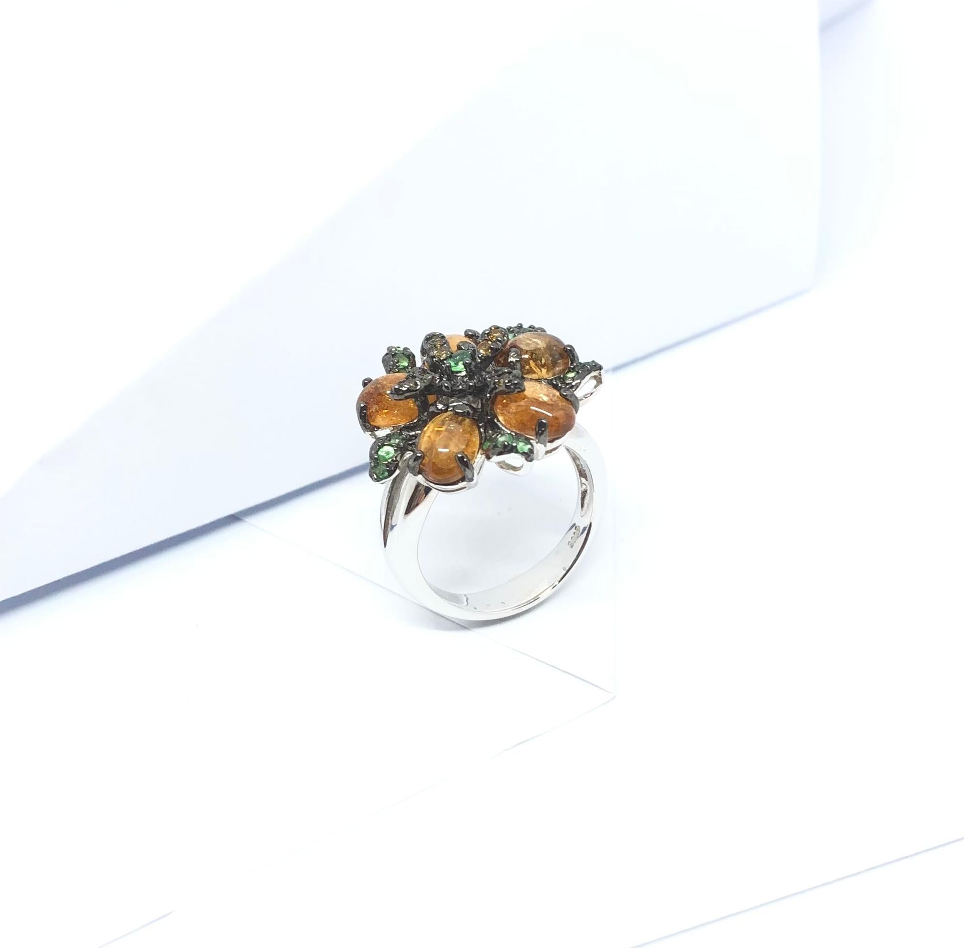 Tourmaline, Sapphire and Tsavorite Ring set in Silver Settings

Width:  2.1 cm 
Length: 2.1 cm
Ring Size: 54
Total Weight: 8.01 grams

*Please note that the silver setting is plated with rhodium to promote shine and help prevent oxidation.  However,