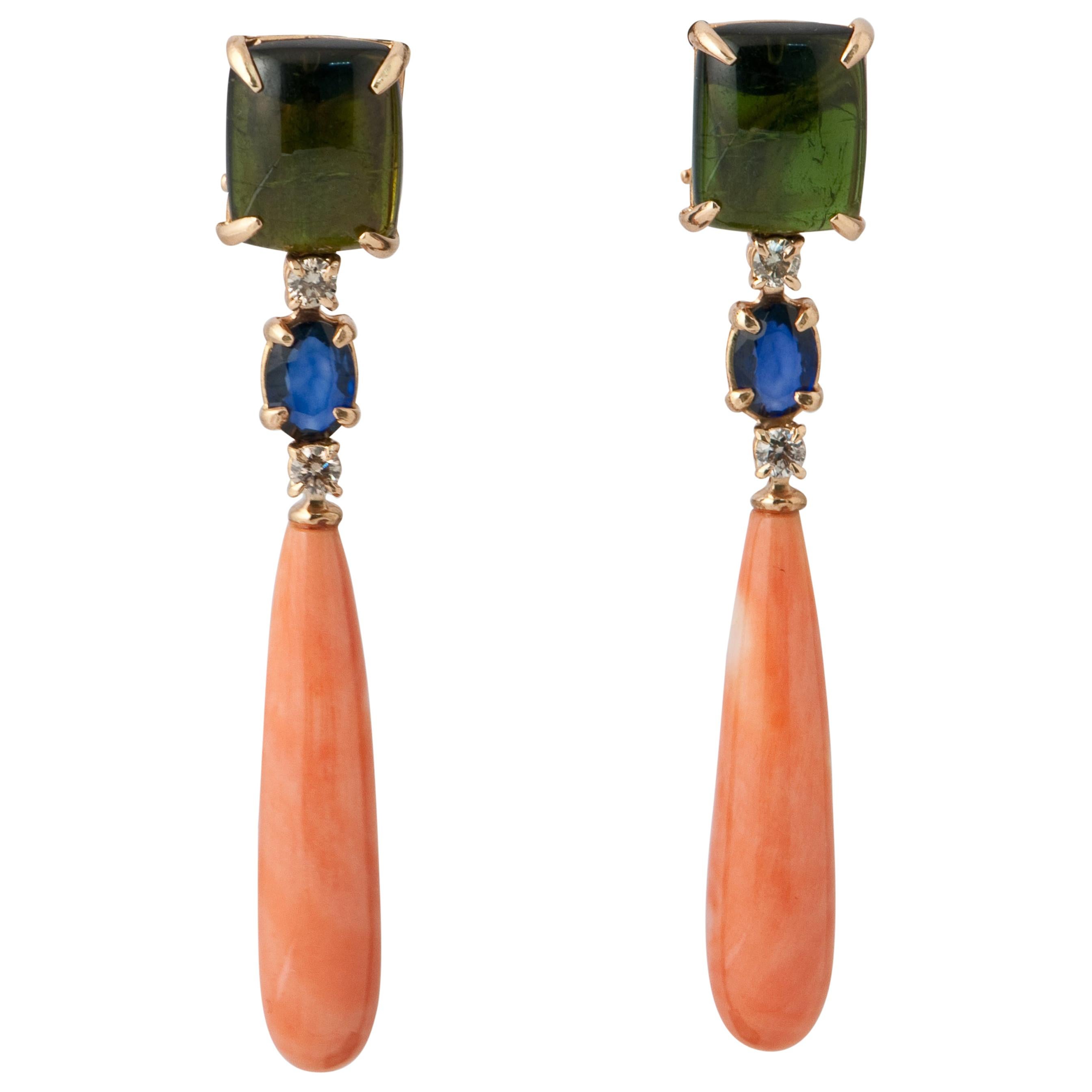Tourmaline, Sapphire, Coral and Diamond on Yellow Gold 18 Ct Chandelier Earrings