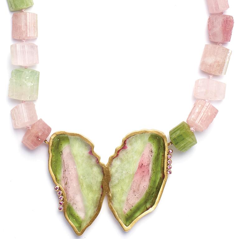 Susan Lister Locke Watermelon Tourmaline and Pink Sapphire Butterfly Necklace For Sale 2