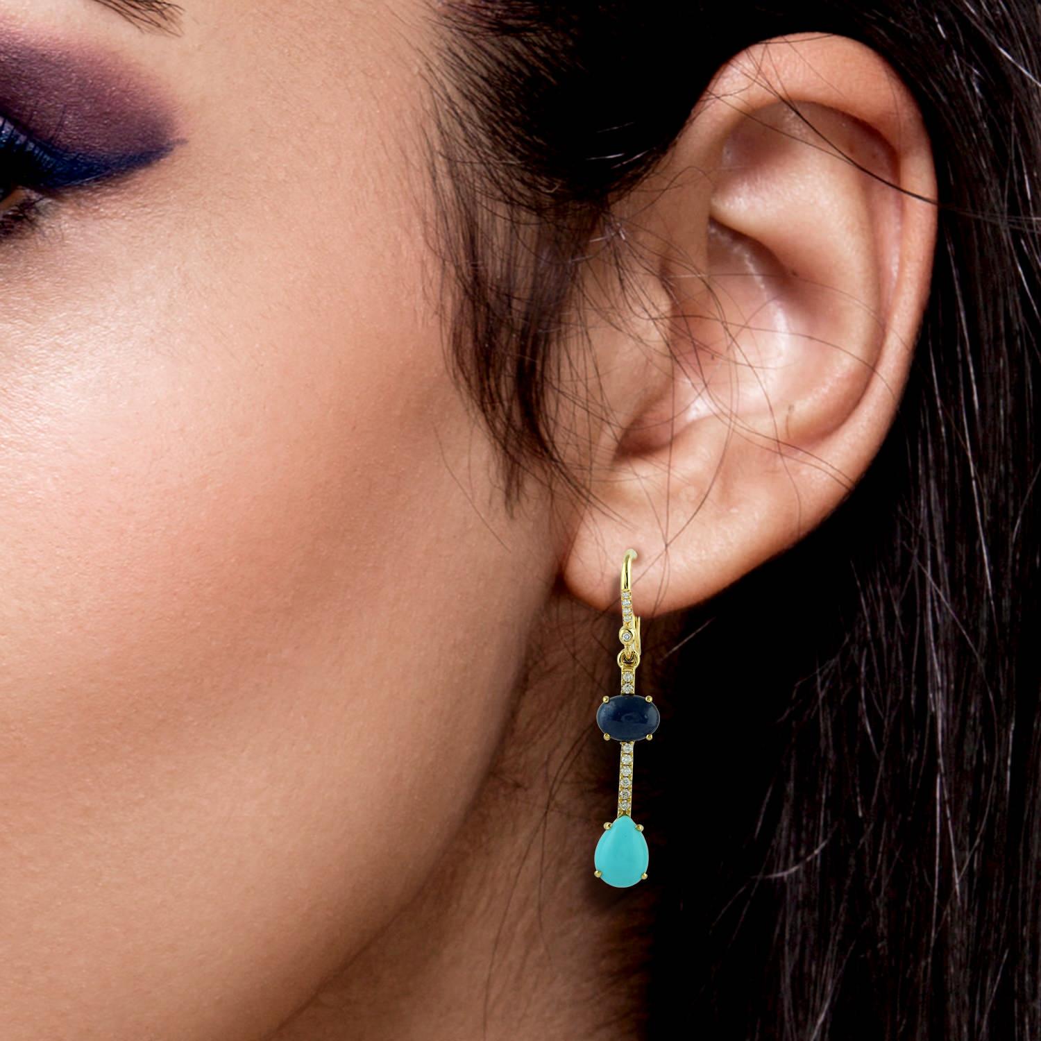These beautiful mismatch linear drop earring are handcrafted in 18-karat gold. It is set with 2.02 carats Tourmaline, .99 carats sapphire, turquoise and .16 carats of glimmering diamonds.

FOLLOW  MEGHNA JEWELS storefront to view the latest