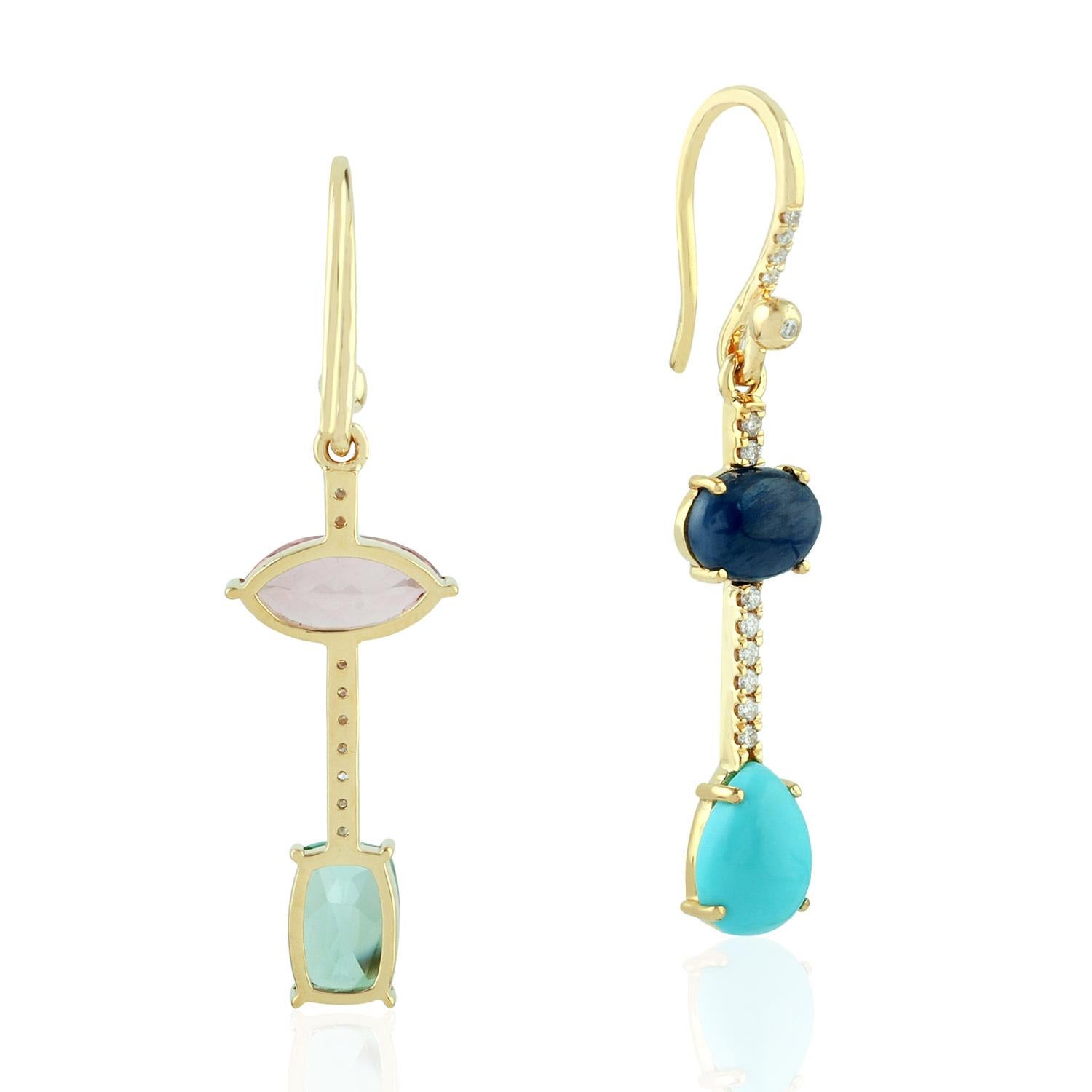 Modern Tourmaline Sapphire Turquoise Diamond 18 Karat Gold Linear Earrings For Sale