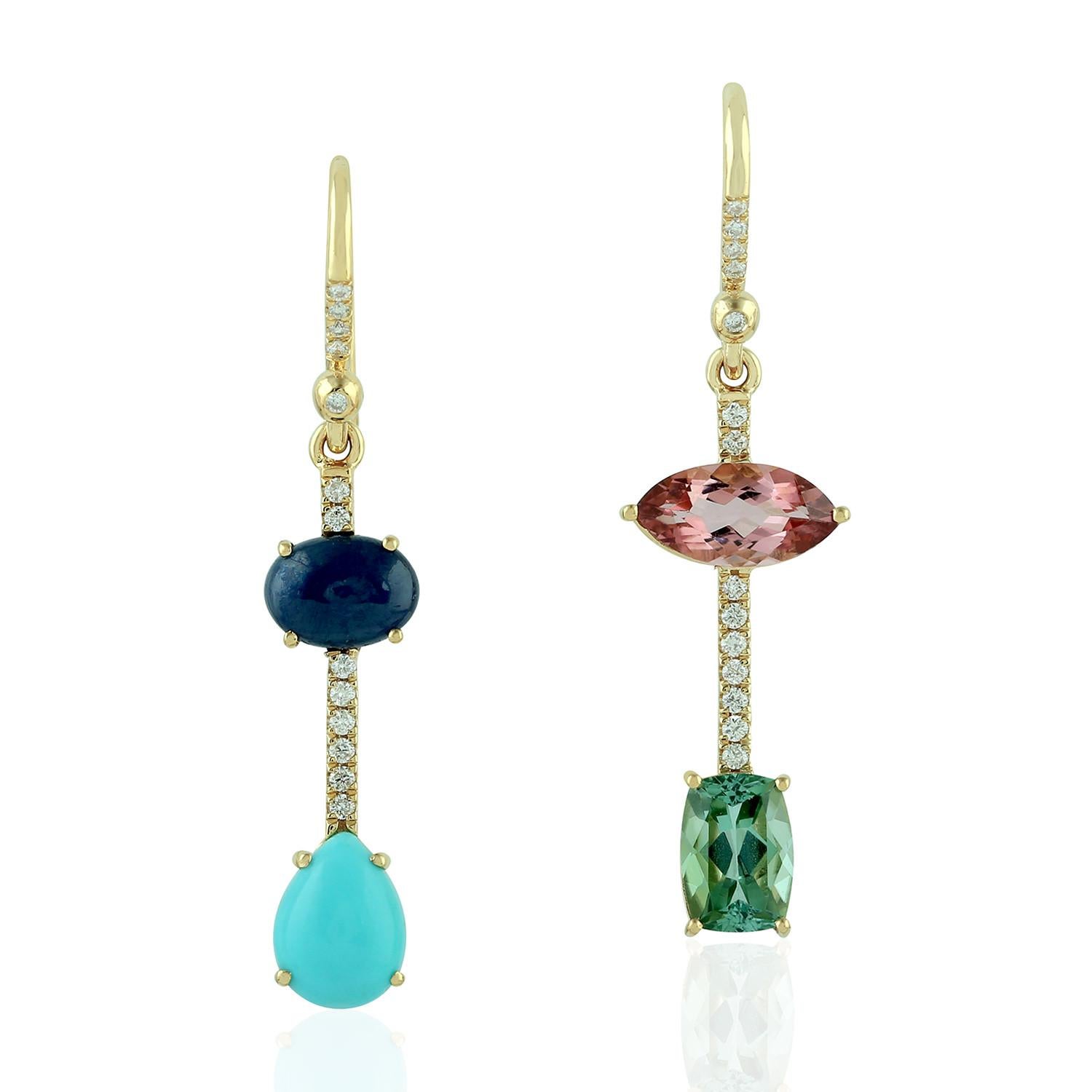 Mixed Cut Tourmaline Sapphire Turquoise Diamond 18 Karat Gold Linear Earrings For Sale