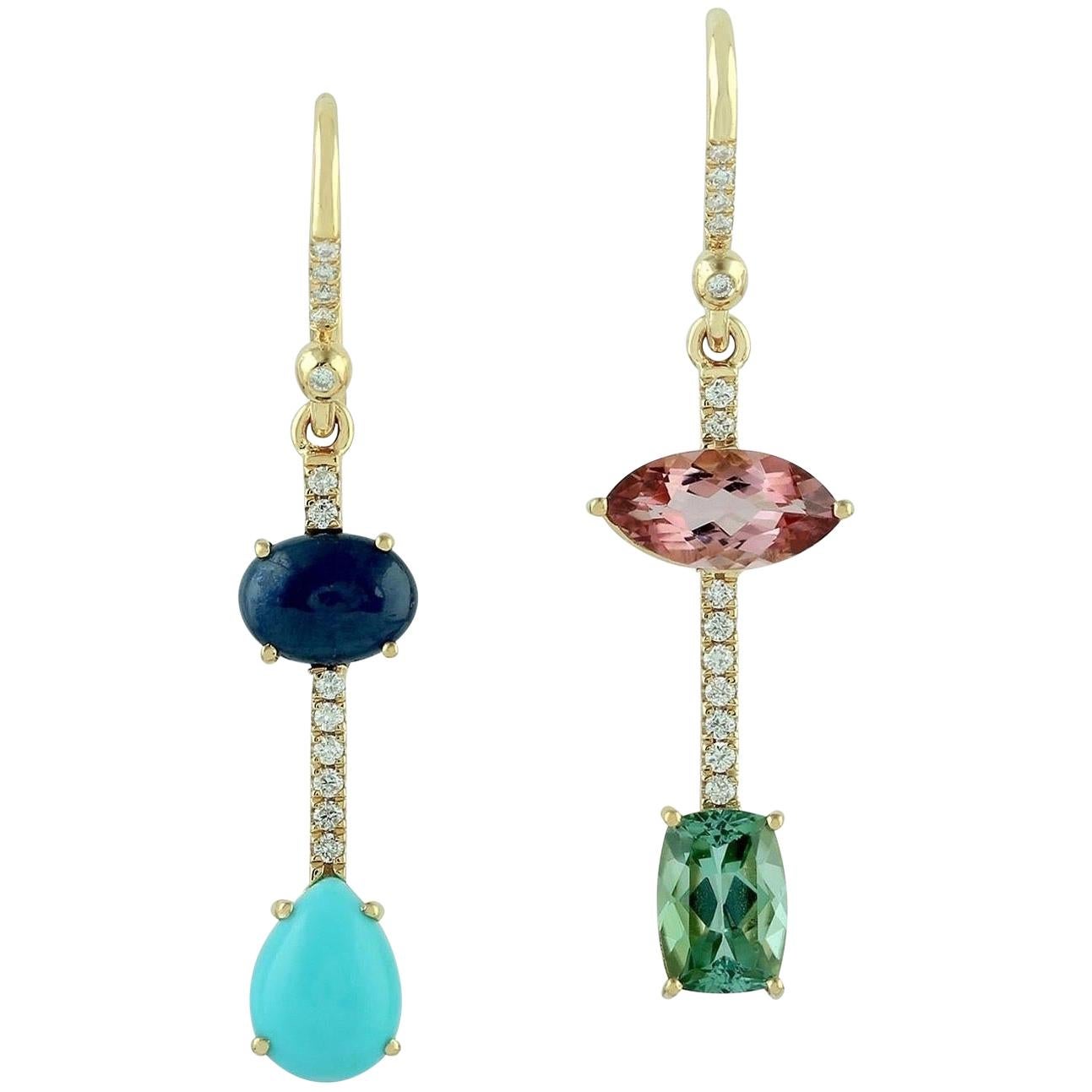 Tourmaline Sapphire Turquoise Diamond 18 Karat Gold Linear Earrings For Sale