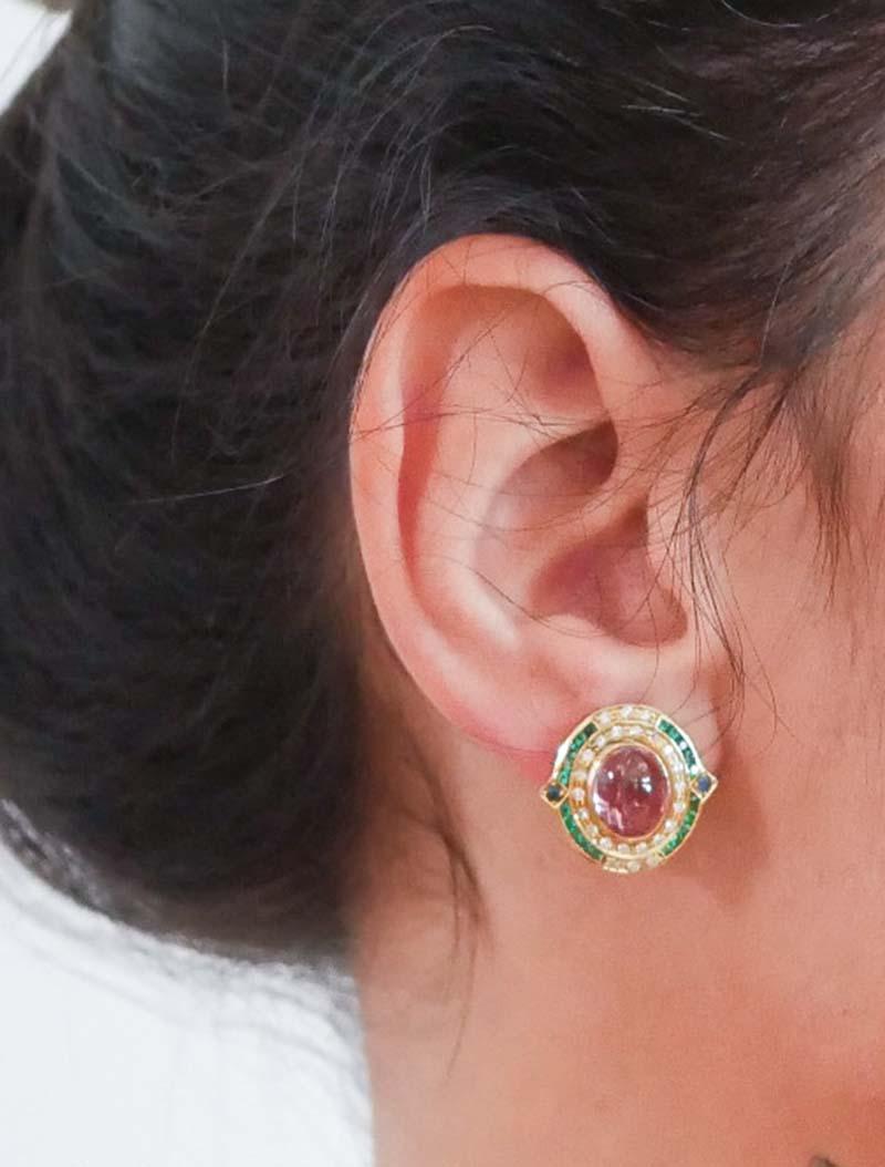Tourmaline, Sapphires, Diamonds, Spinel, 18 Karat Yellow Gold Earrings. In condizioni buone in vendita a Marcianise, Marcianise (CE)