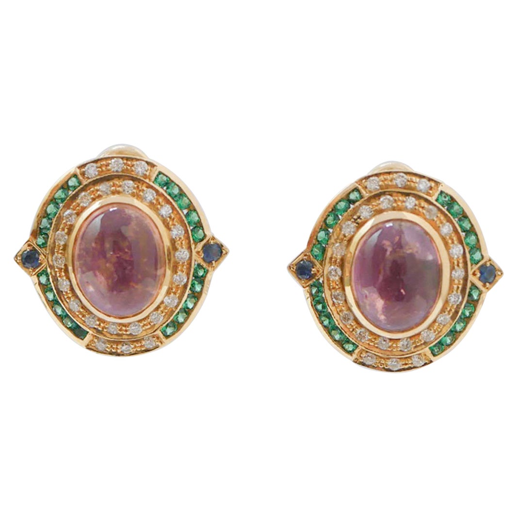 Tourmaline, Sapphires, Diamonds, Spinel, 18 Karat Yellow Gold Earrings. in vendita