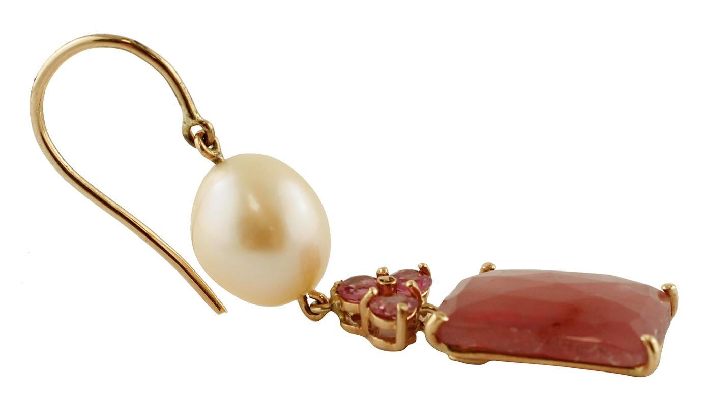 Retro Tourmaline, Sapphires, Pearls, 14 Karat Rose Gold Dangle Earrings