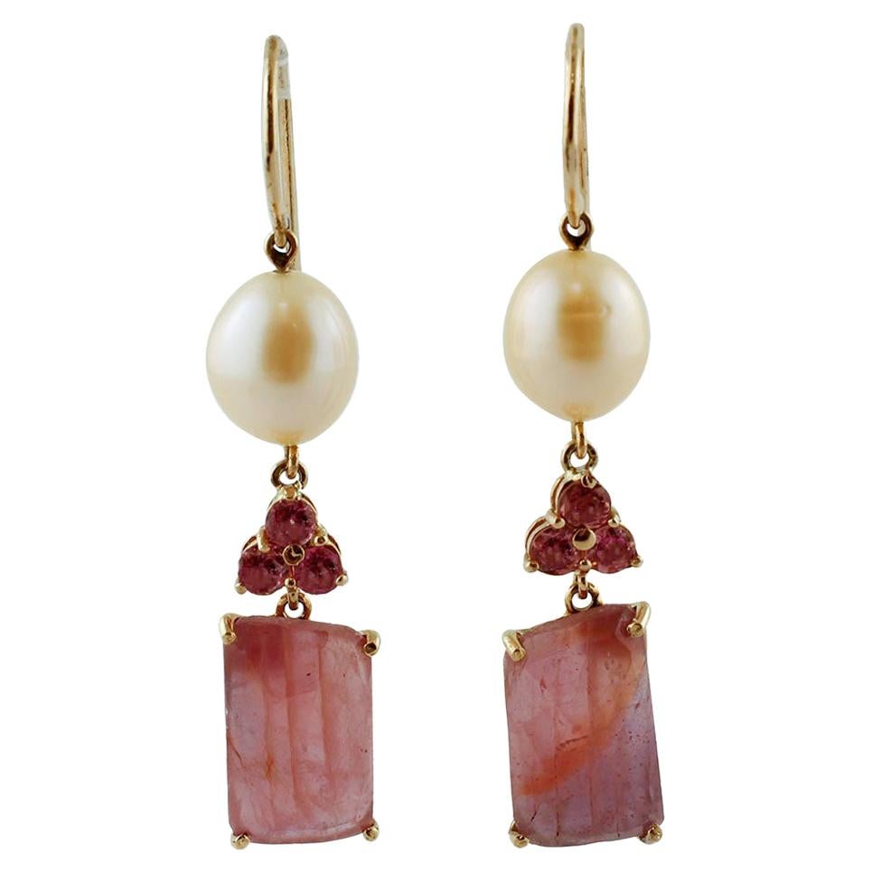 Tourmaline, Sapphires, Pearls, 14 Karat Rose Gold Dangle Earrings