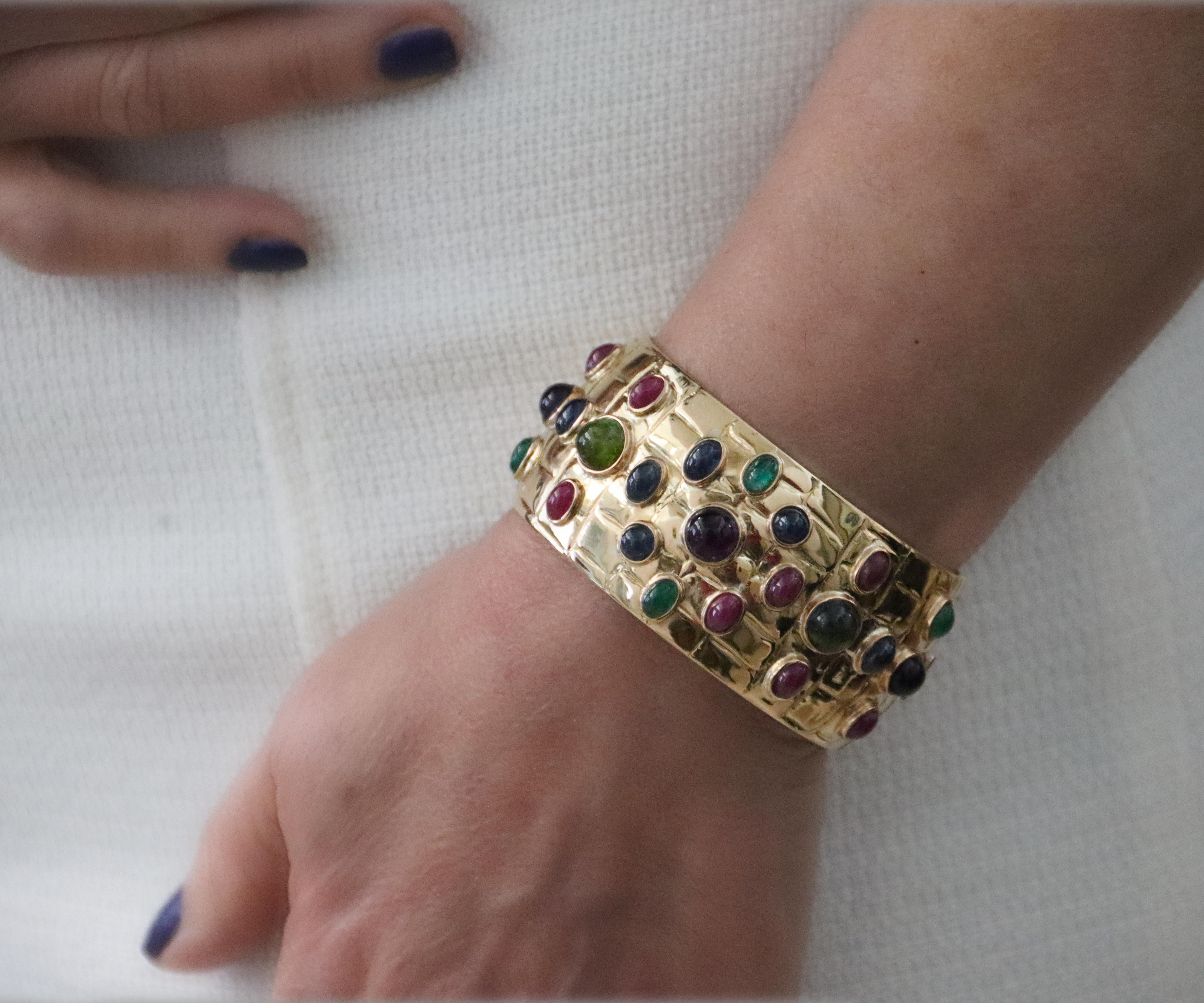Tourmaline Sapphires Rubies Emeralds 18 Karat Yellow Gold Clamper Bracelet For Sale 5