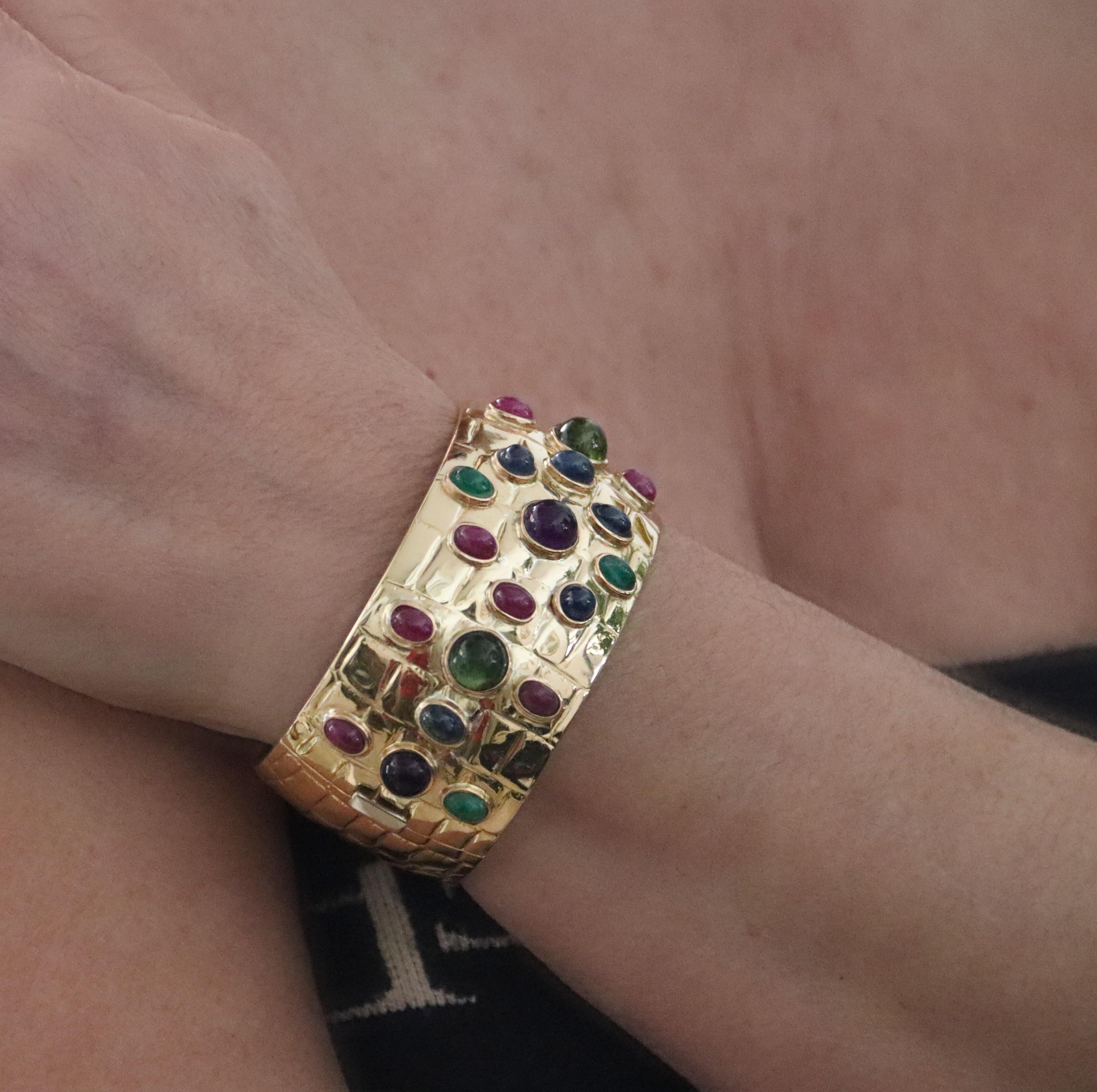 Tourmaline Sapphires Rubies Emeralds 18 Karat Yellow Gold Clamper Bracelet For Sale 6