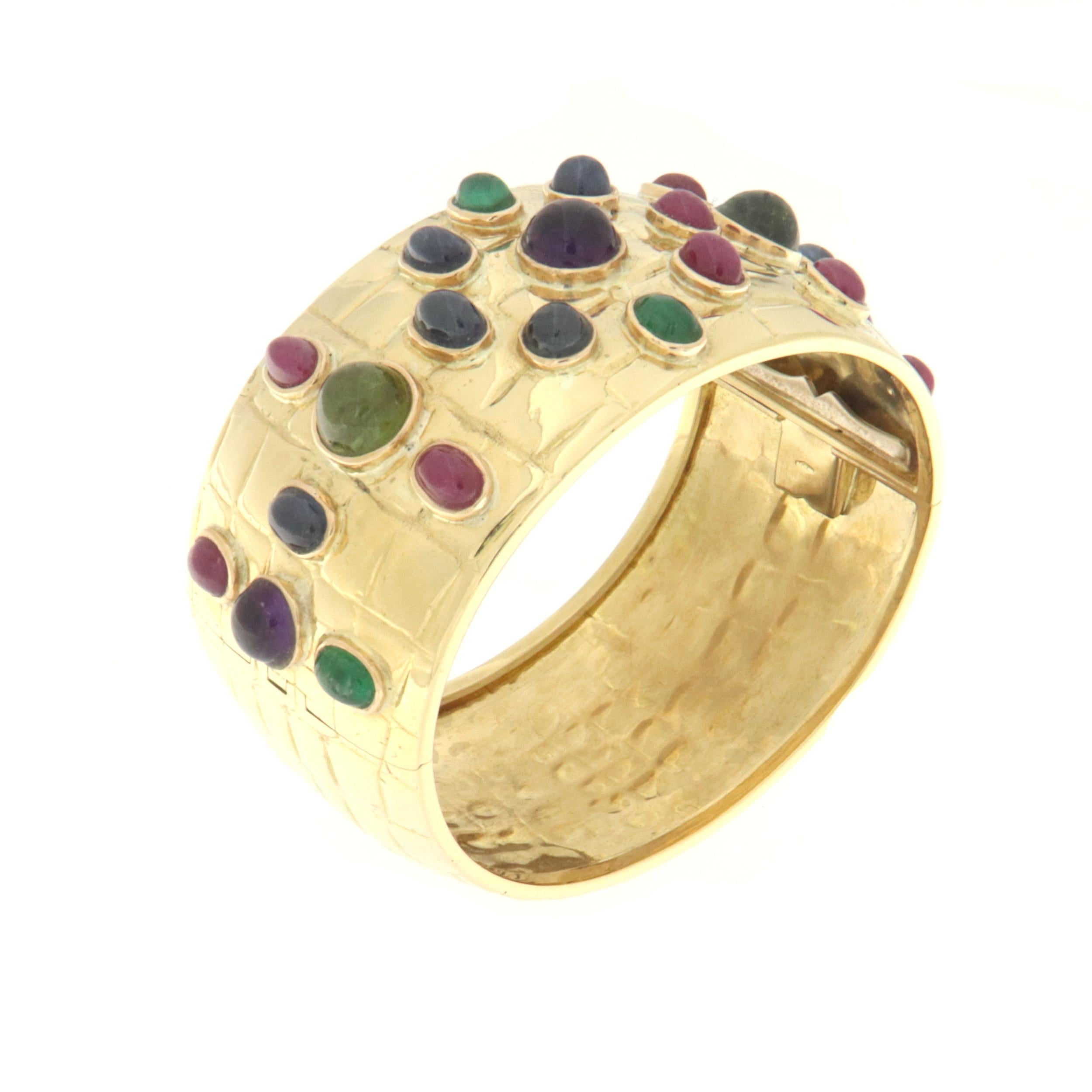 Artisan Tourmaline Sapphires Rubies Emeralds 18 Karat Yellow Gold Clamper Bracelet For Sale