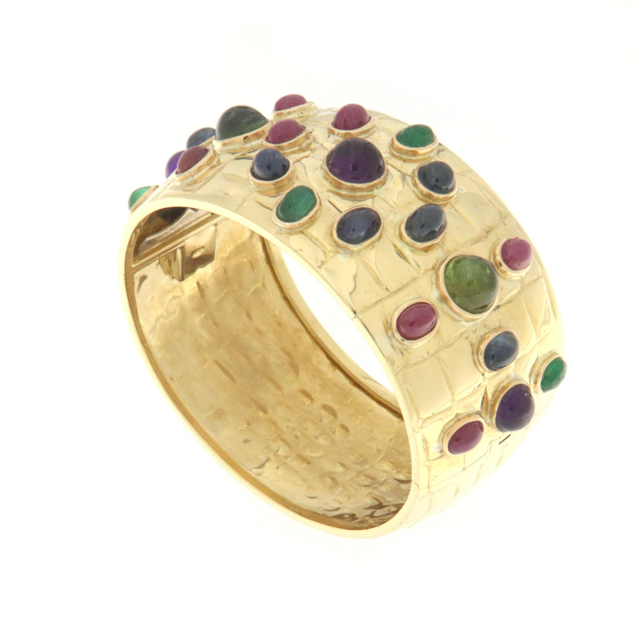Uncut Tourmaline Sapphires Rubies Emeralds 18 Karat Yellow Gold Clamper Bracelet For Sale