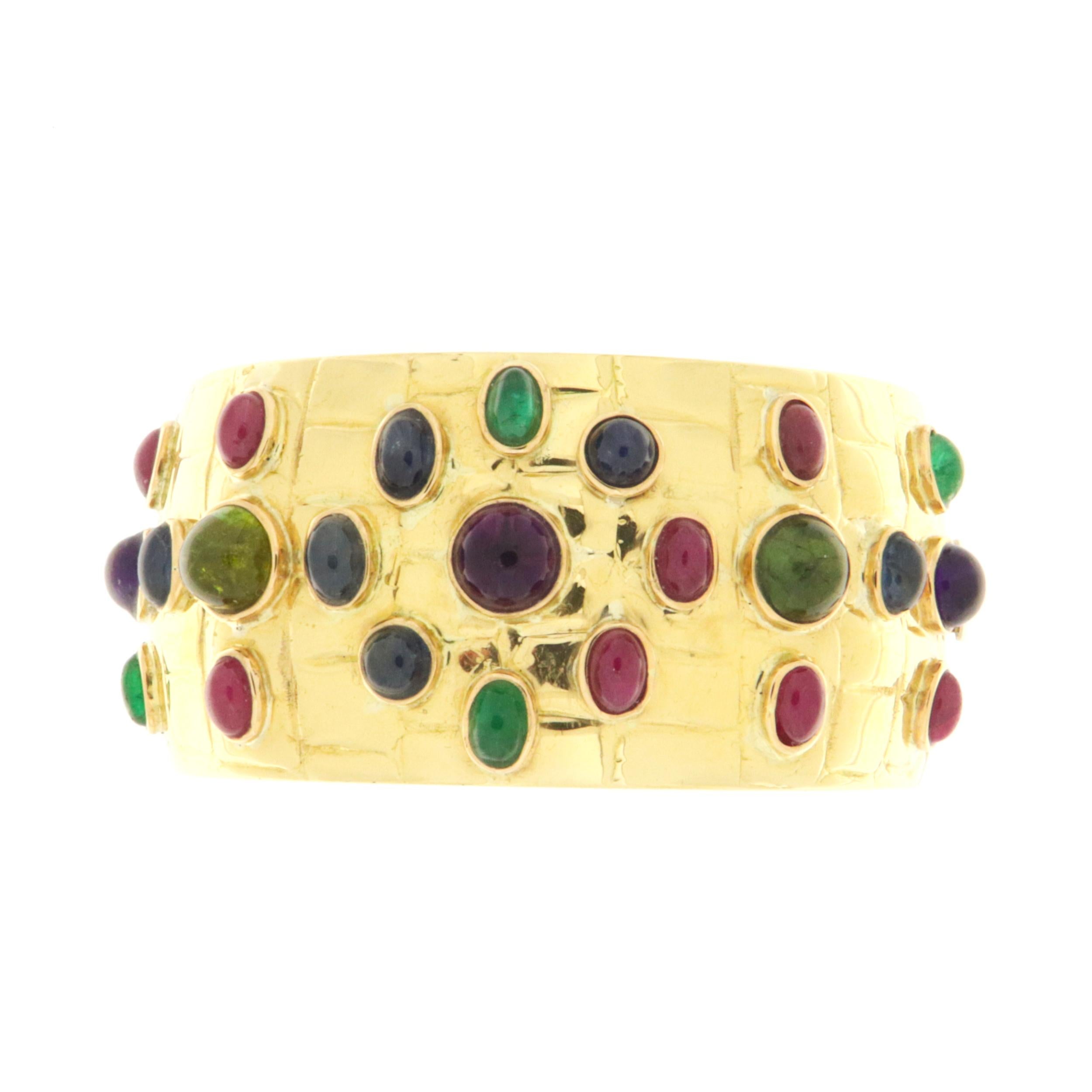 Women's Tourmaline Sapphires Rubies Emeralds 18 Karat Yellow Gold Clamper Bracelet For Sale
