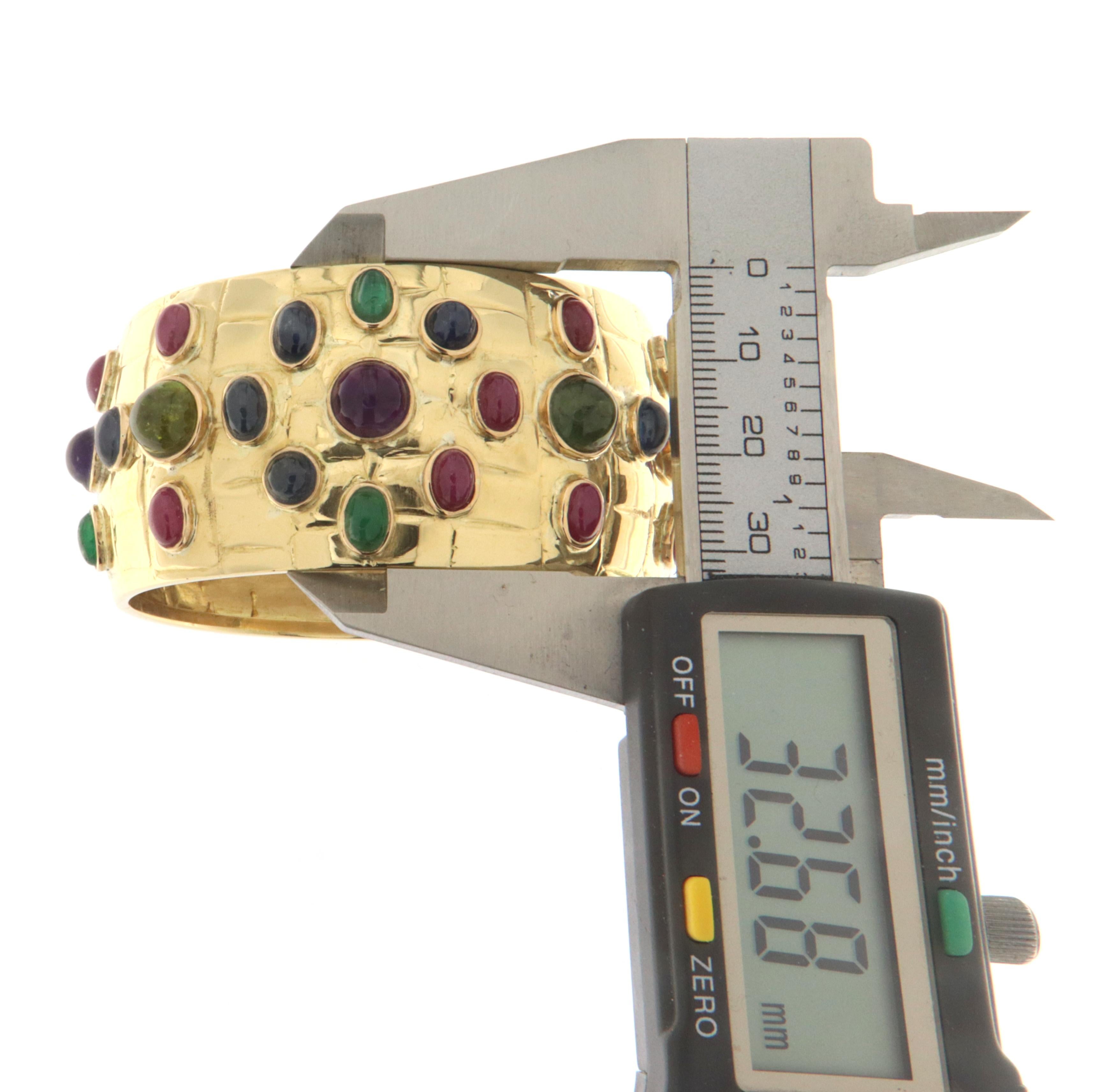 Tourmaline Sapphires Rubies Emeralds 18 Karat Yellow Gold Clamper Bracelet For Sale 2