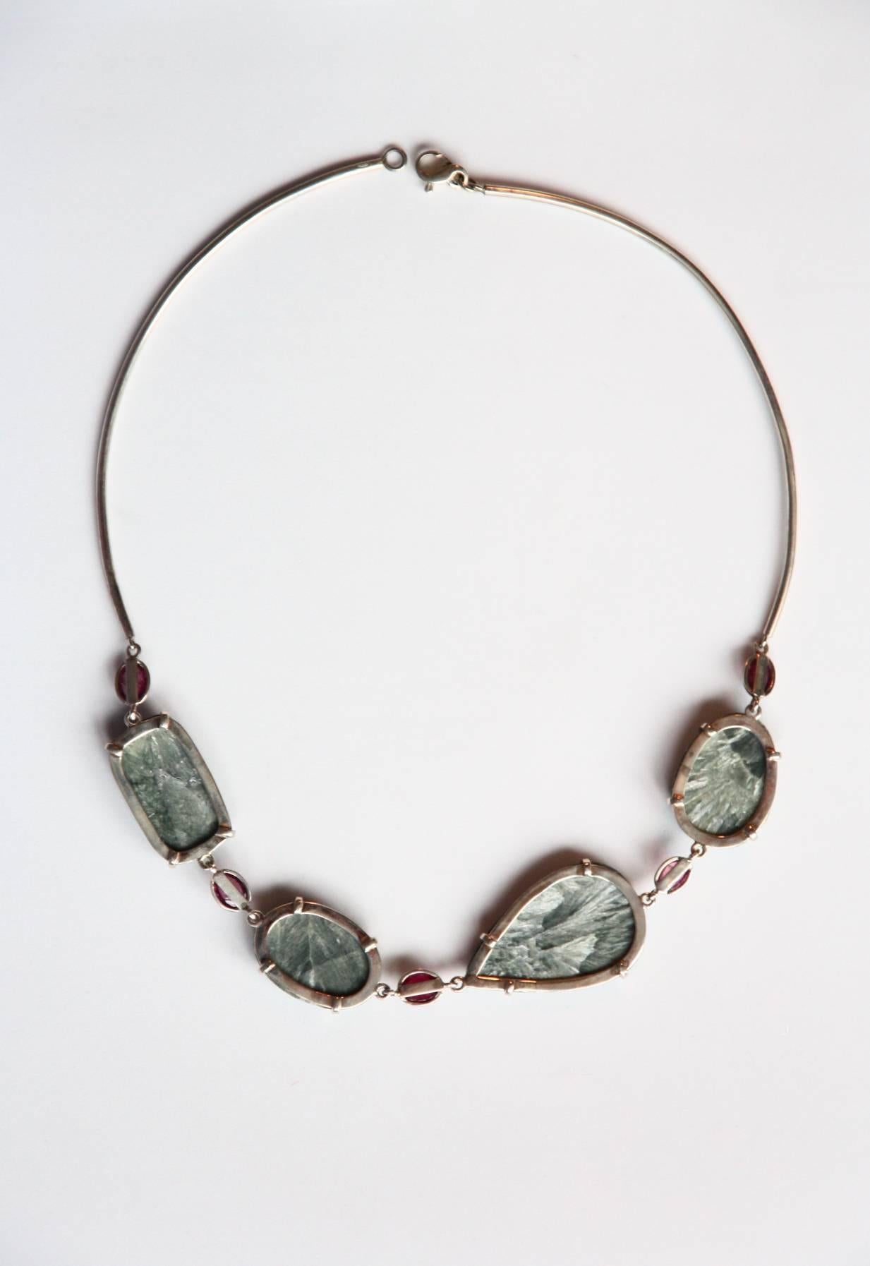 Artist Tourmaline Serafinite Silver Hand Made Rigid Necklace For Sale