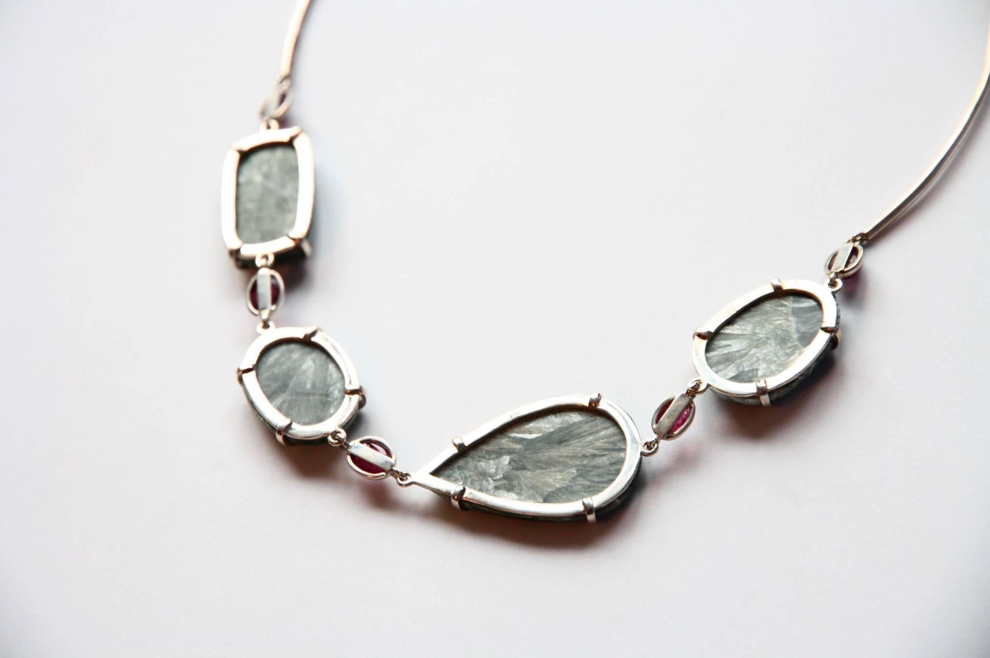 Oval Cut Tourmaline Serafinite Silver Hand Made Rigid Necklace For Sale
