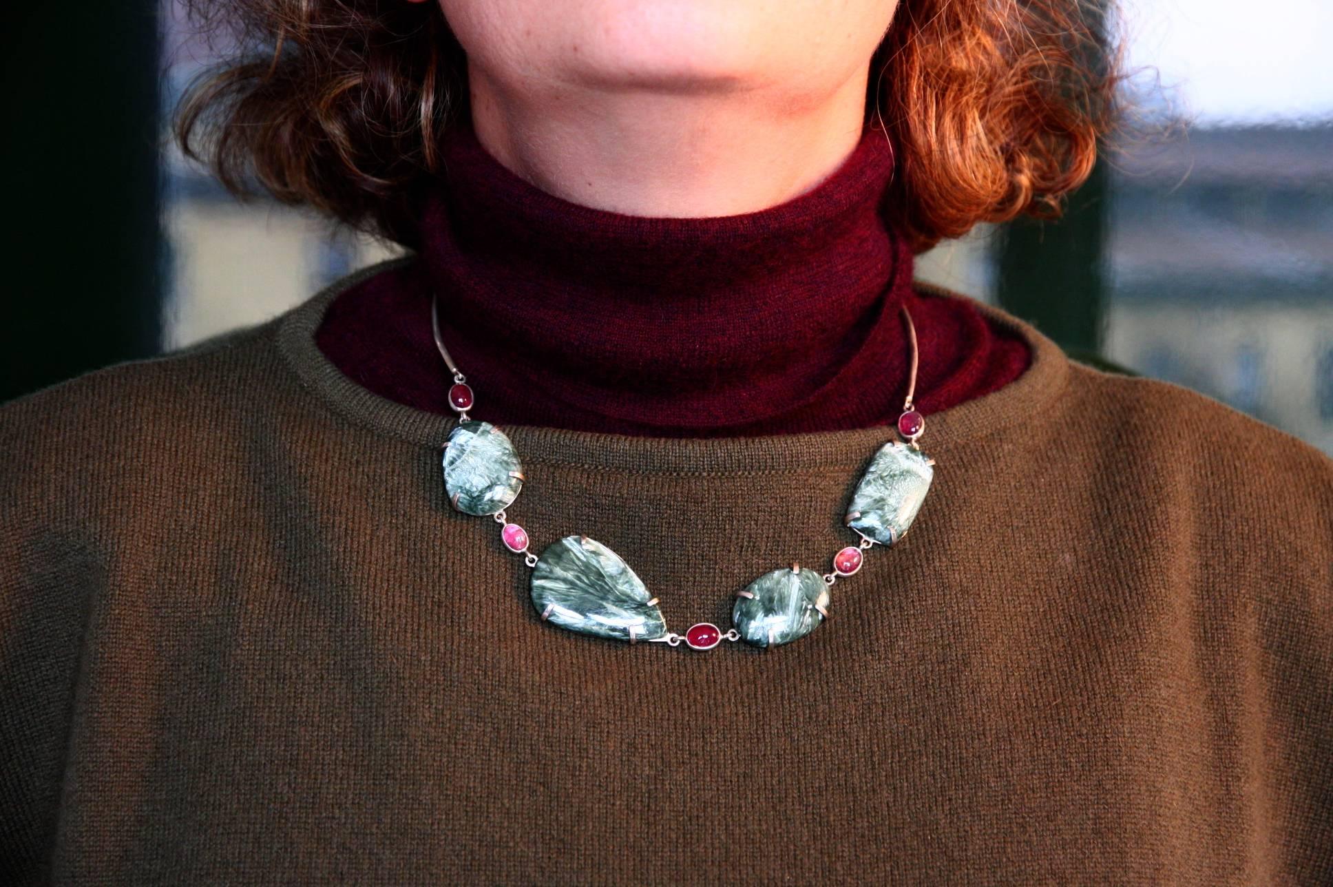 Women's or Men's Tourmaline Serafinite Silver Hand Made Rigid Necklace For Sale