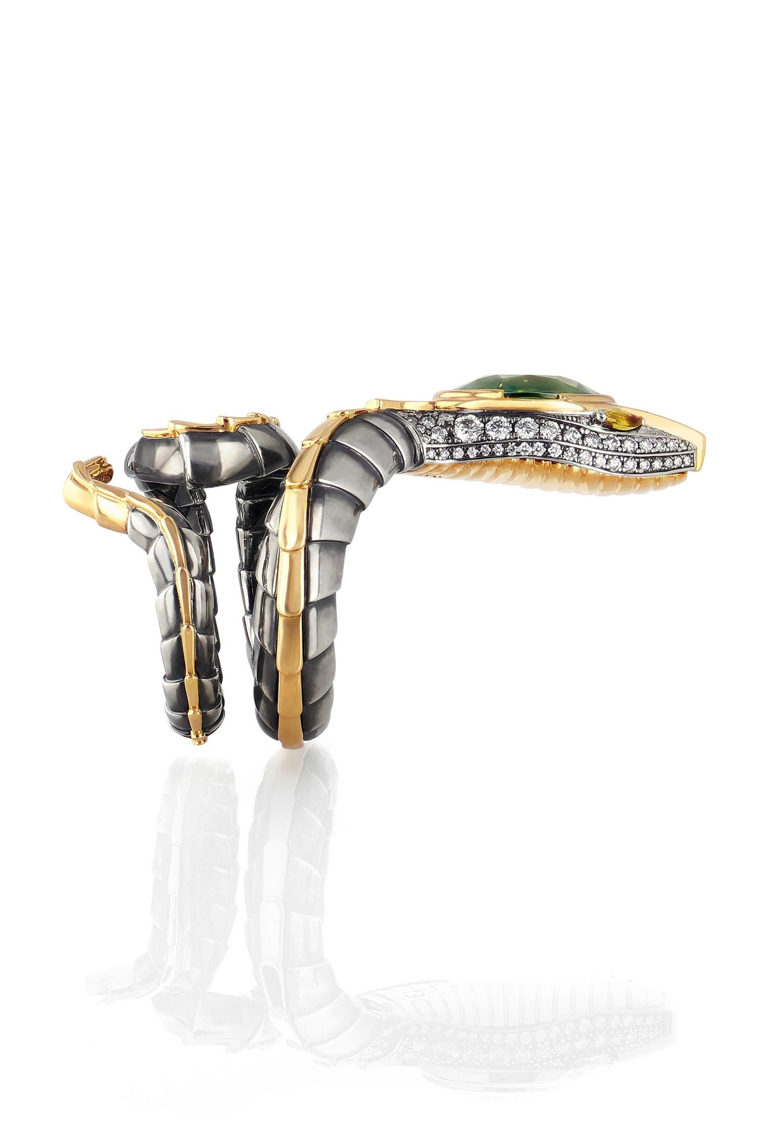 Neoclassical Tourmaline Serpent Ring in 18k Yellow Gold by Elie Top For Sale