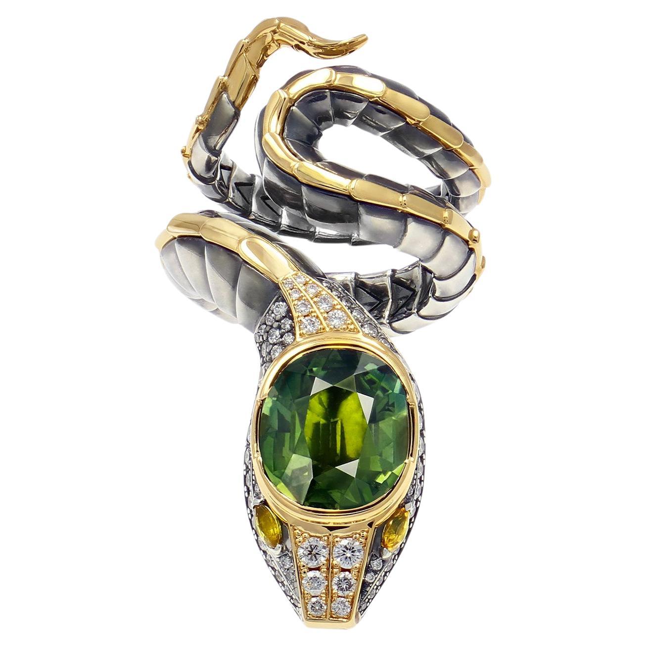 Tourmaline Serpent Ring in 18k Yellow Gold by Elie Top For Sale