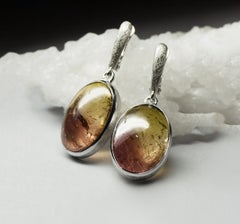 Tourmaline Silver Earrings Yellow Brown Gradient Cabochon Gem Bicolor Polychrome