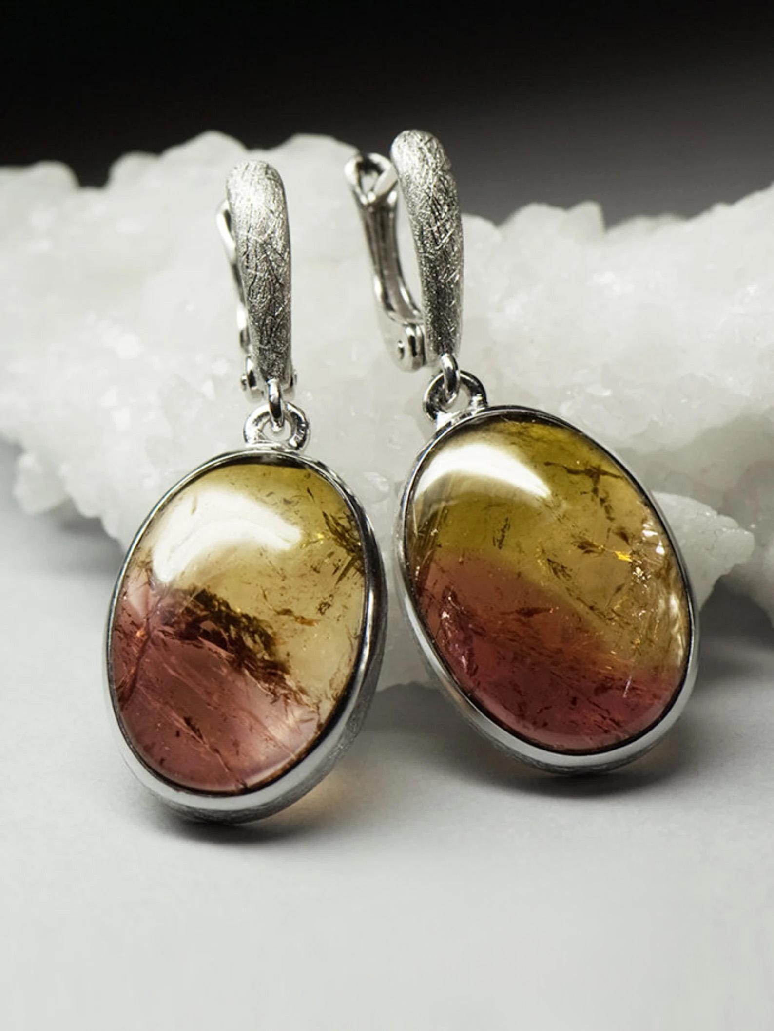 Artisan Tourmaline Silver Earrings Yellow Brown Gradient Cabochon Gem Bicolor Polychrome For Sale