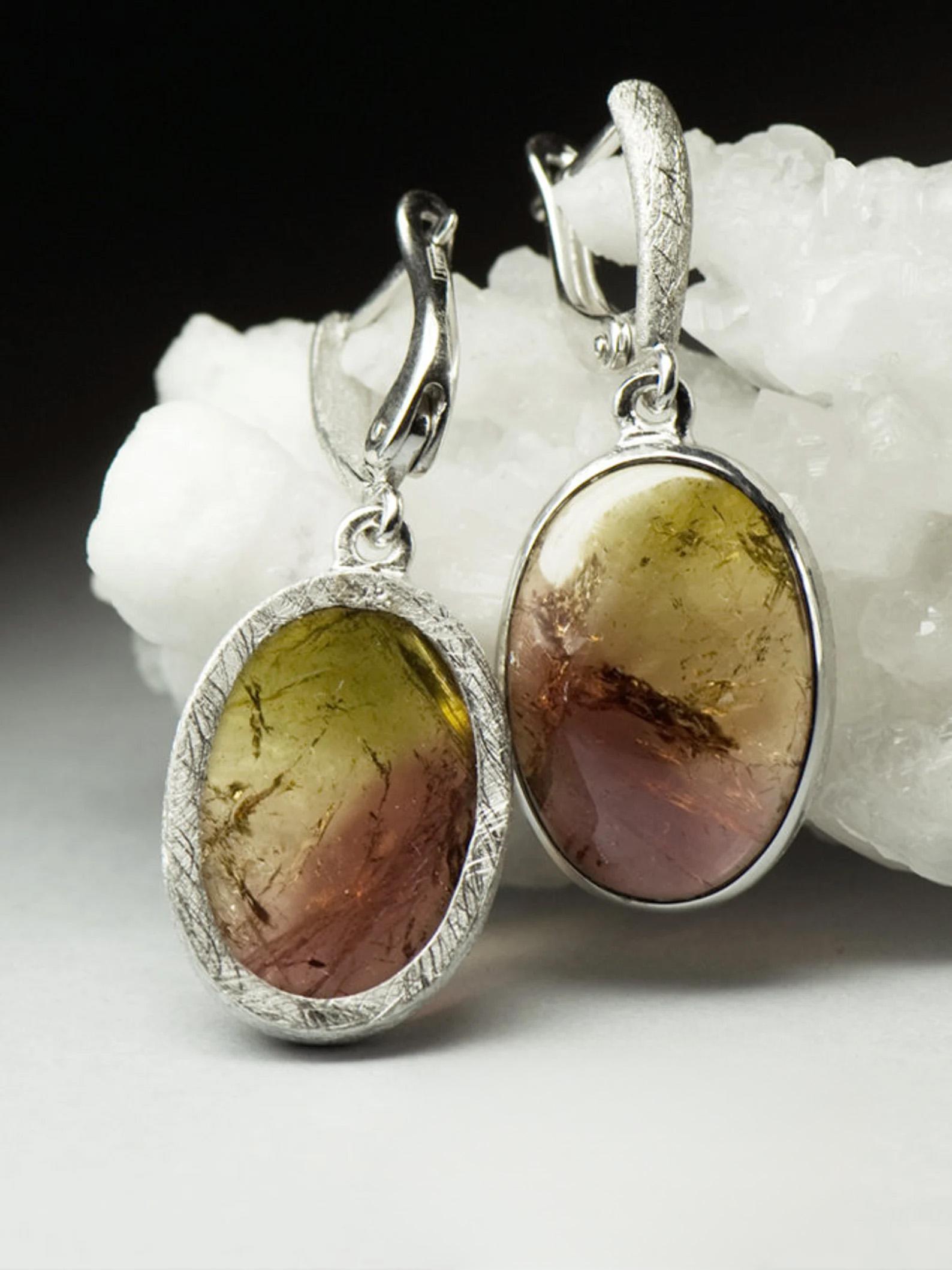 Tourmaline Silver Earrings Yellow Brown Gradient Cabochon Gem Bicolor Polychrome In New Condition For Sale In Berlin, DE