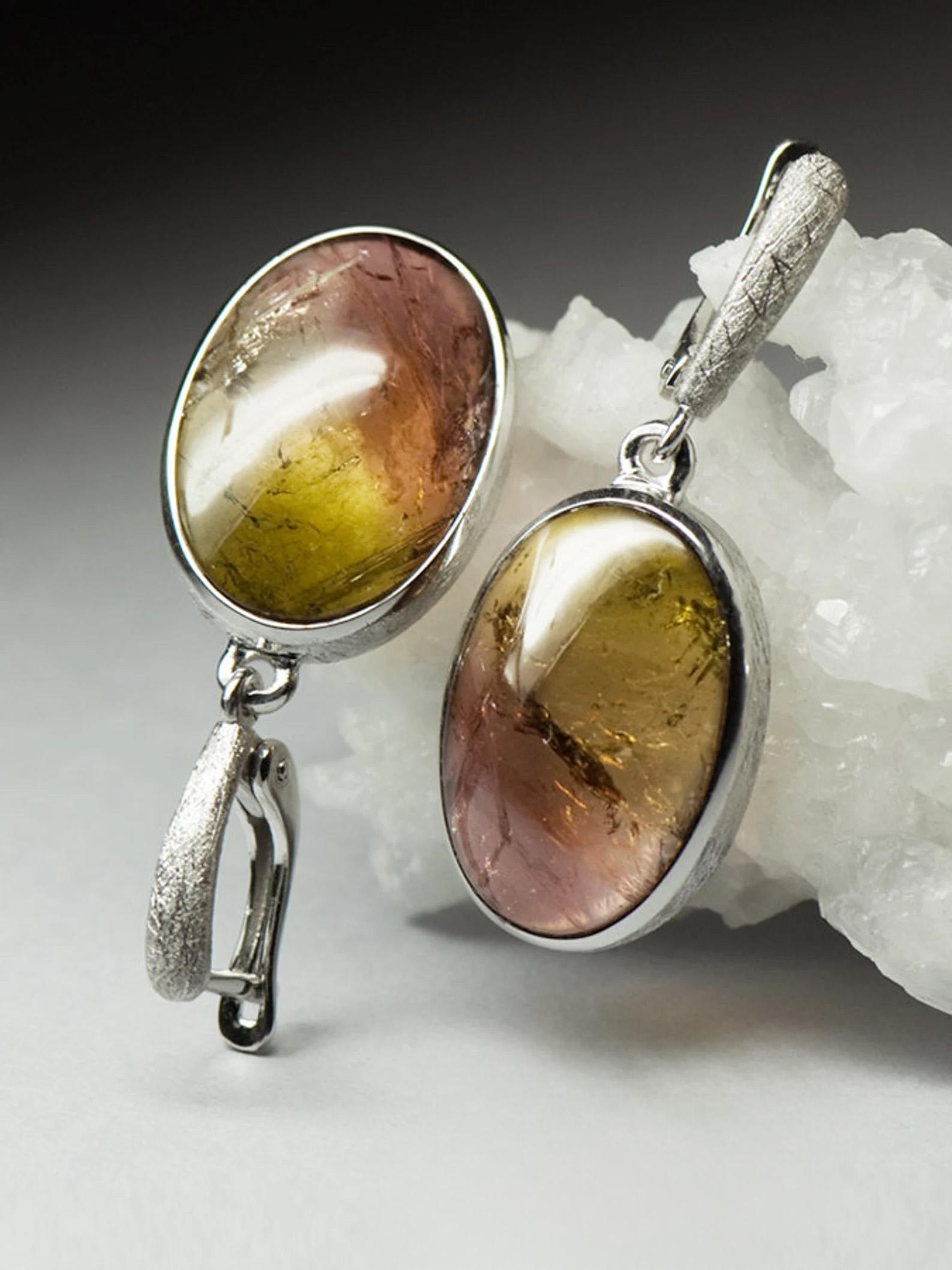 Women's or Men's Tourmaline Silver Earrings Yellow Brown Gradient Cabochon Gem Bicolor Polychrome For Sale