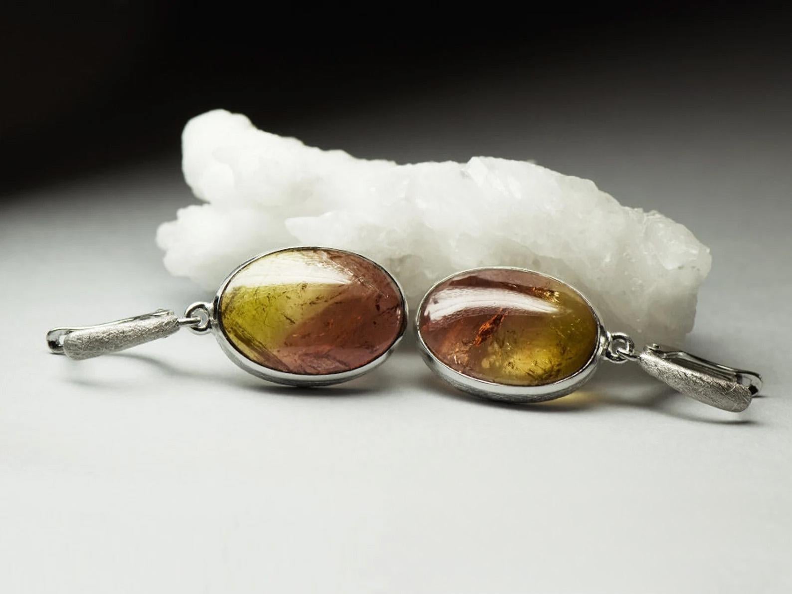 Tourmaline Silver Earrings Yellow Brown Gradient Cabochon Gem Bicolor Polychrome For Sale 1
