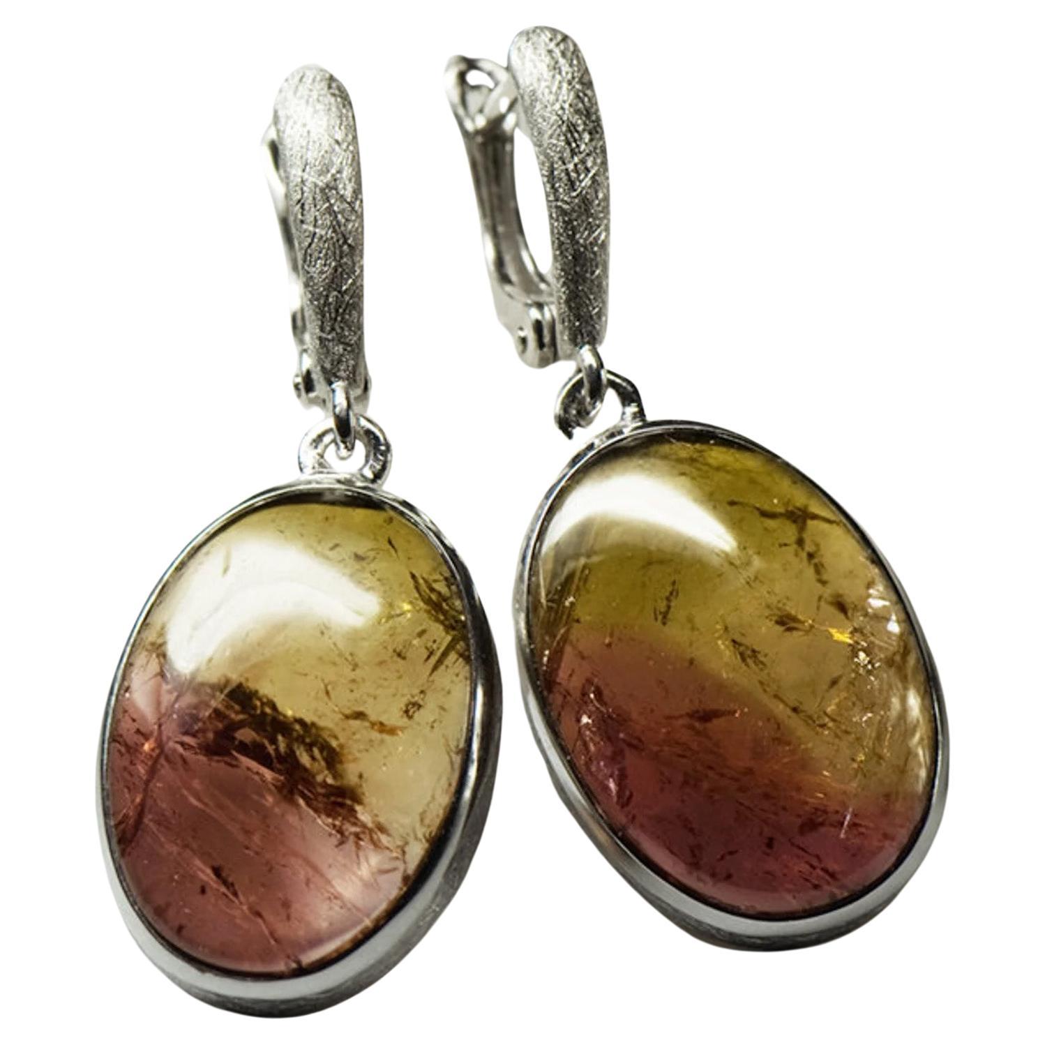 Tourmaline Silver Earrings Yellow Brown Gradient Cabochon Gem Bicolor Polychrome