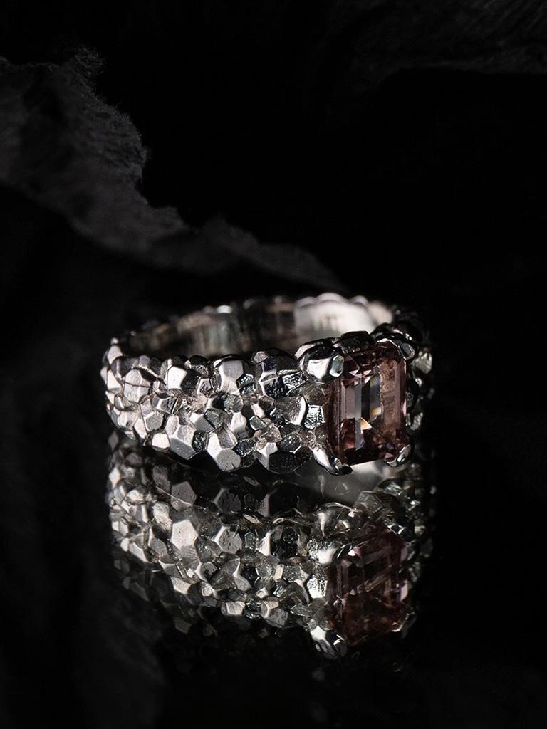 Emerald Cut Tourmaline Silver Ring Large Rose Pink Natural Madagascar Gemstone Vintage gift For Sale