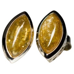 Tourmaline Silver Stud Earrings Dandelion Yellow Eye Cabochon Natural Gemstone
