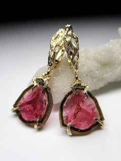 Tourmaline Gold Earrings Polychrome Pink red Natural Gem Unisex gift christmas