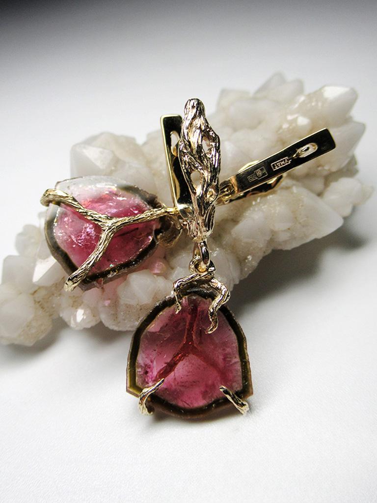Tourmaline Slice Yellow Gold Earrings Polychrome Bright Pink Natural Gem Unisex For Sale 3