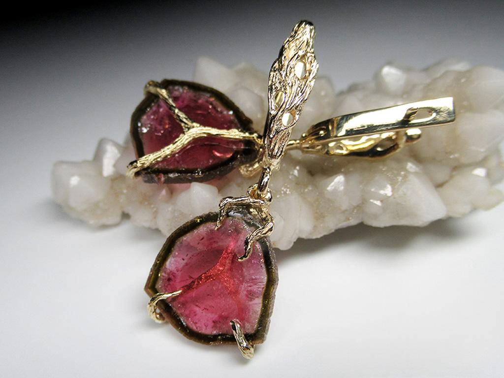 Tourmaline Slice Yellow Gold Earrings Polychrome Bright Pink Natural Gem Unisex For Sale 4