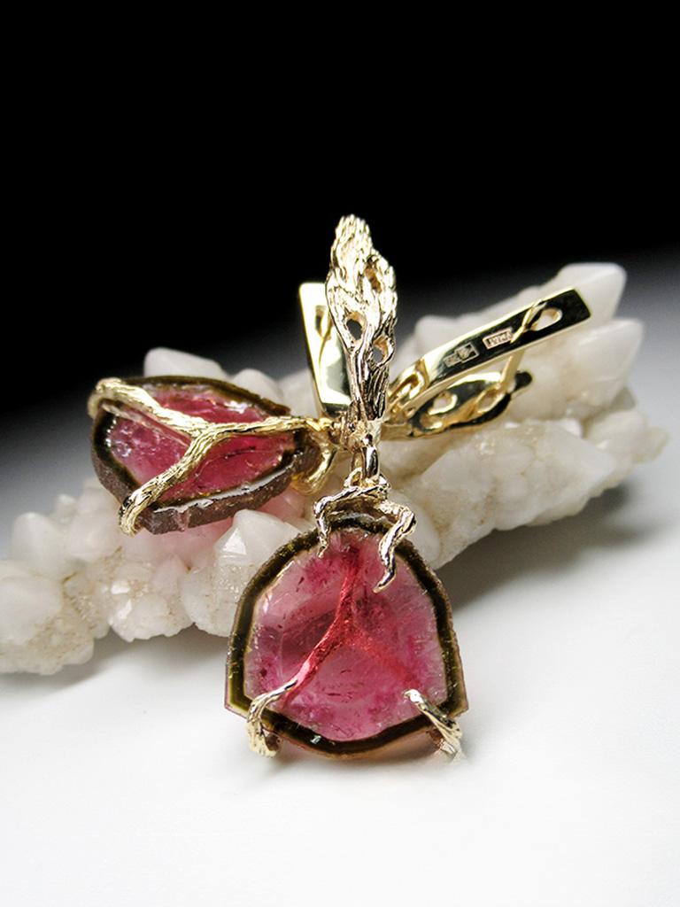 Artisan Tourmaline Slice Yellow Gold Earrings Polychrome Bright Pink Natural Gem Unisex For Sale