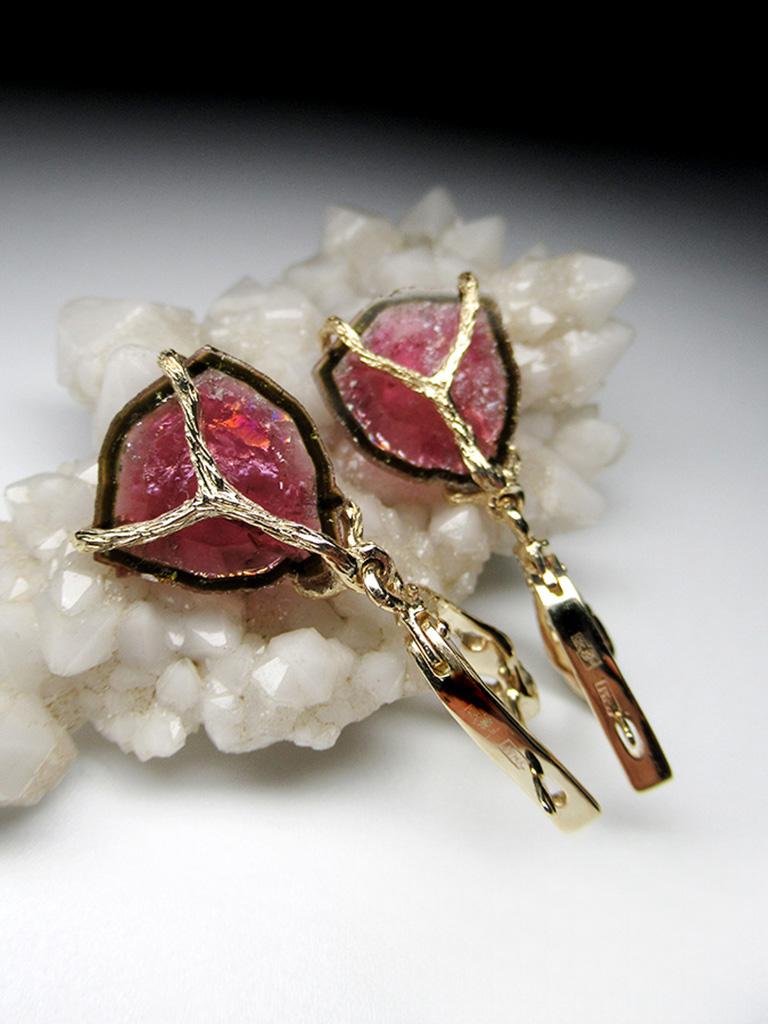 Tourmaline Slice Yellow Gold Earrings Polychrome Bright Pink Natural Gem Unisex For Sale 5