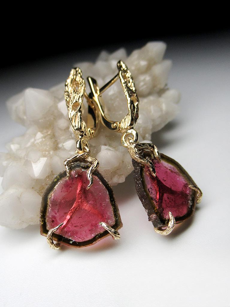 Tourmaline Slice Yellow Gold Earrings Polychrome Bright Pink Natural Gem Unisex For Sale 6