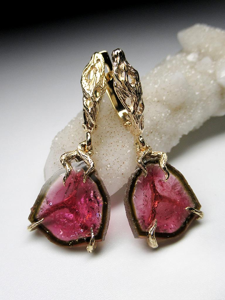 Tourmaline Slice Yellow Gold Earrings Polychrome Bright Pink Natural Gem Unisex For Sale 1