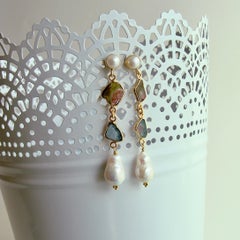 Tourmaline Slices Flameball Pearls Pearl Posts, Aleksandra Earrings